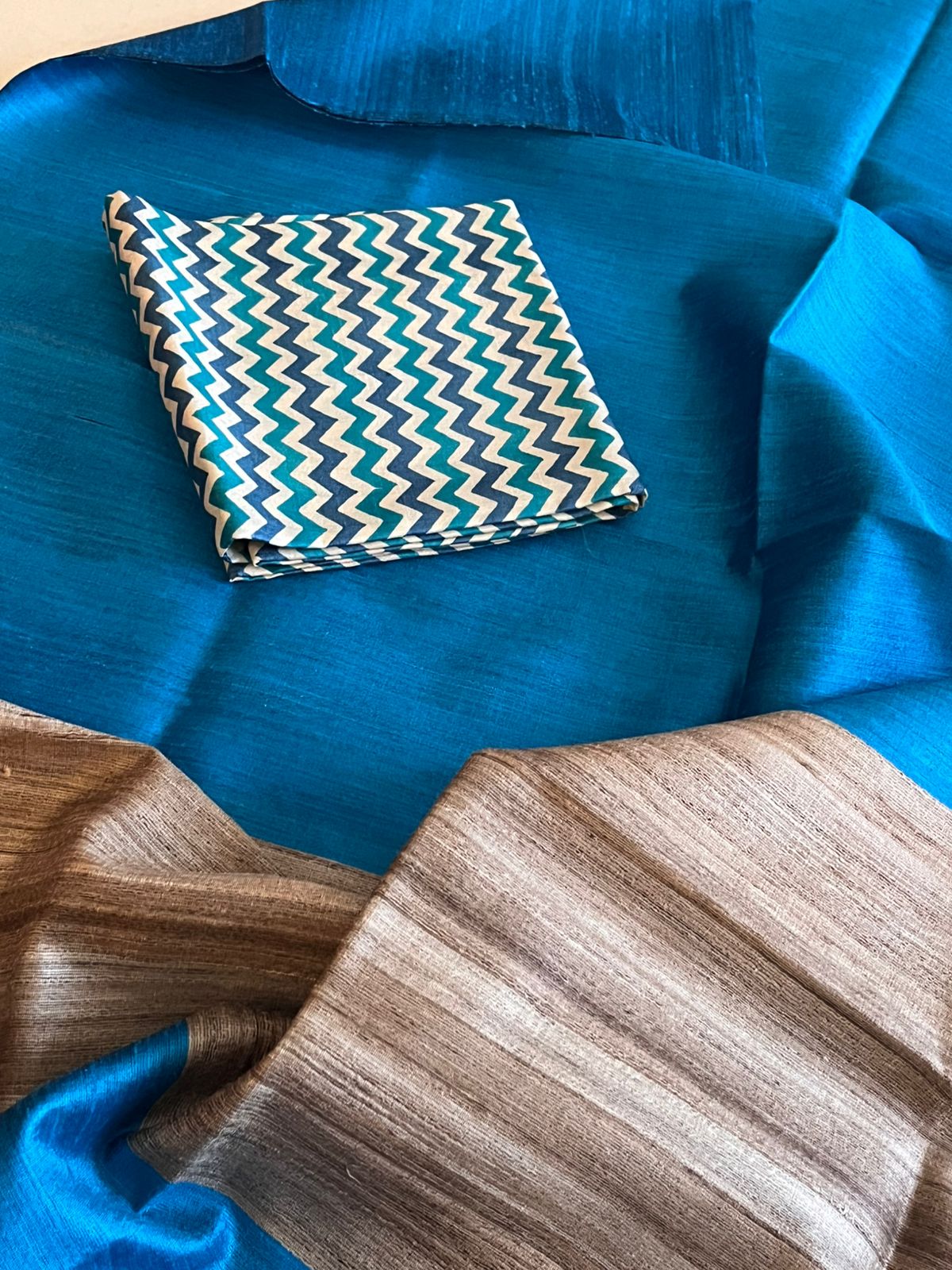 Pure Tussar Silk Printed Kurta paired with Raw Silk Dupatta - Blue Kurta