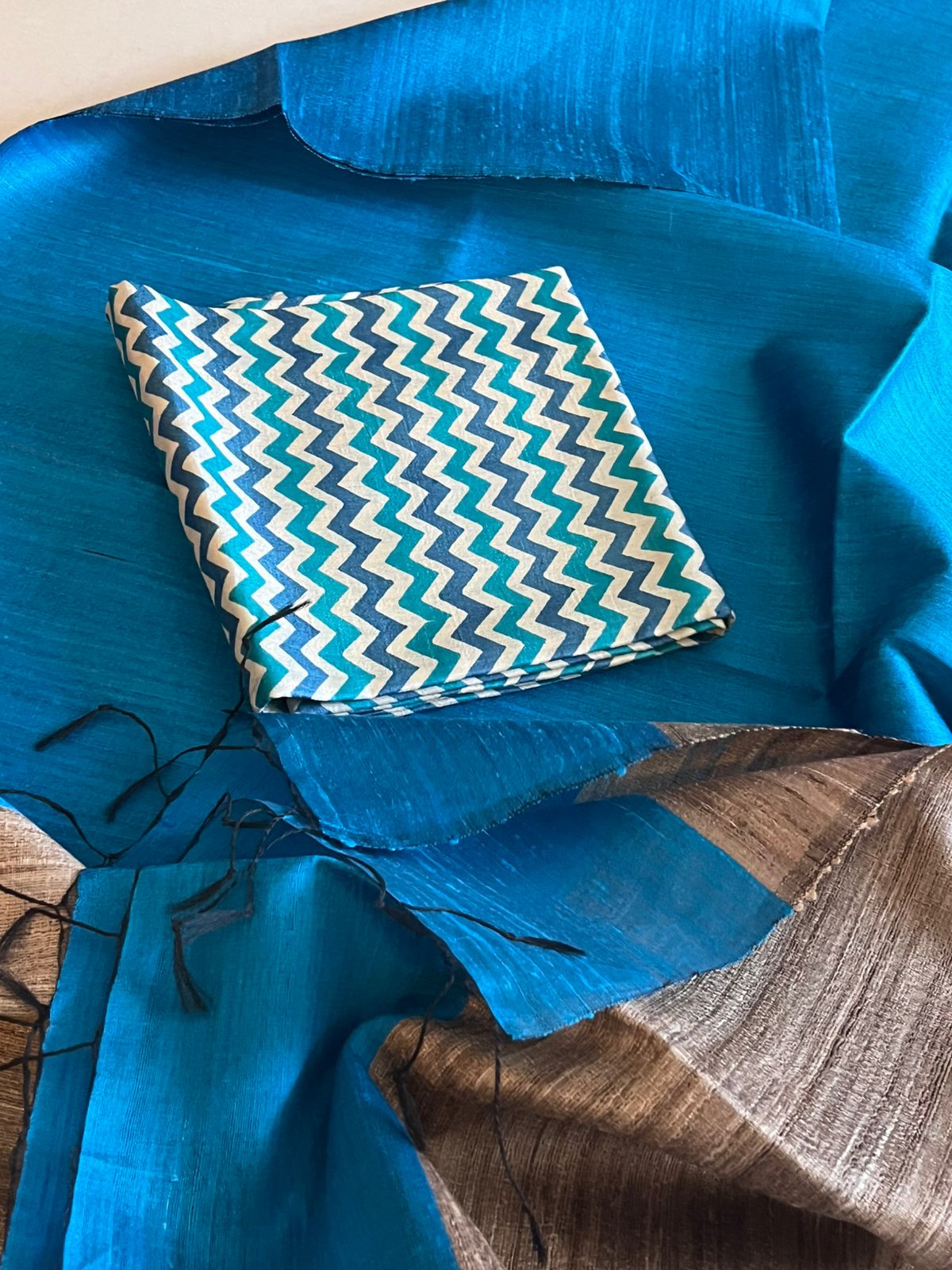 Pure Tussar Silk Printed Kurta paired with Raw Silk Dupatta - Blue Kurta