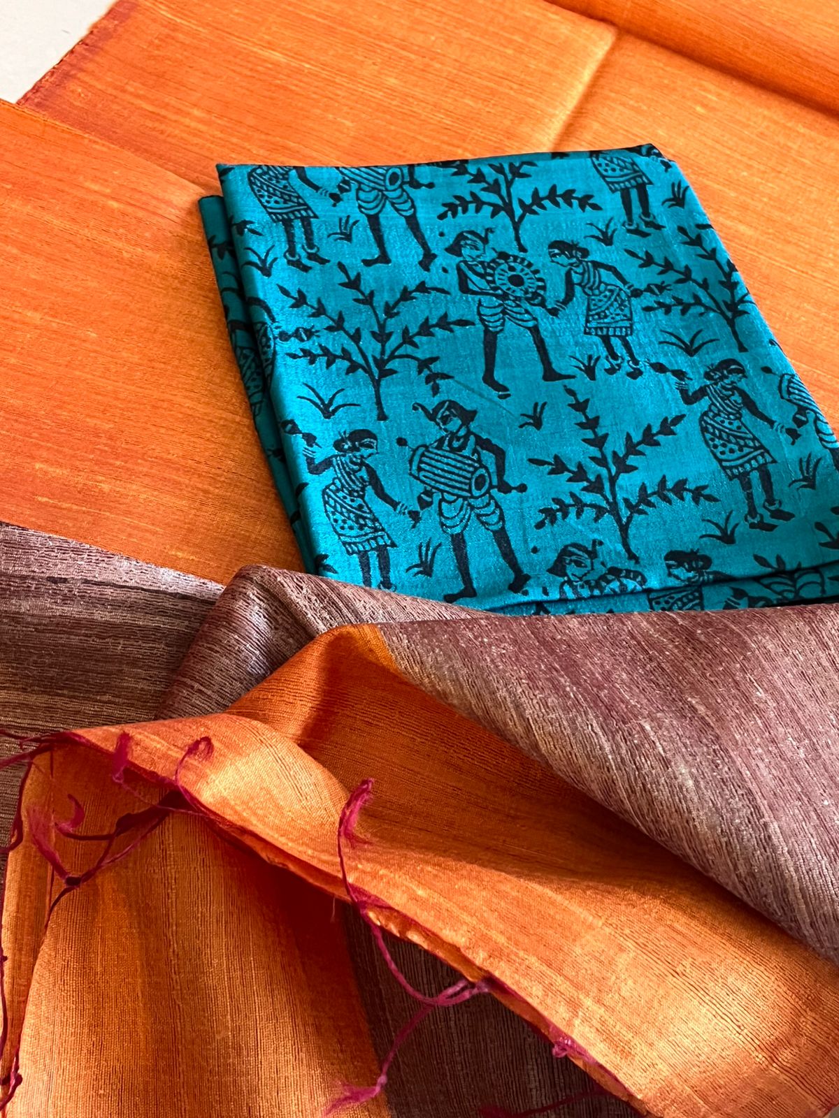 Pure Tussar Silk Printed Kurta paired with Raw Silk Dupatta - Blue Kurta