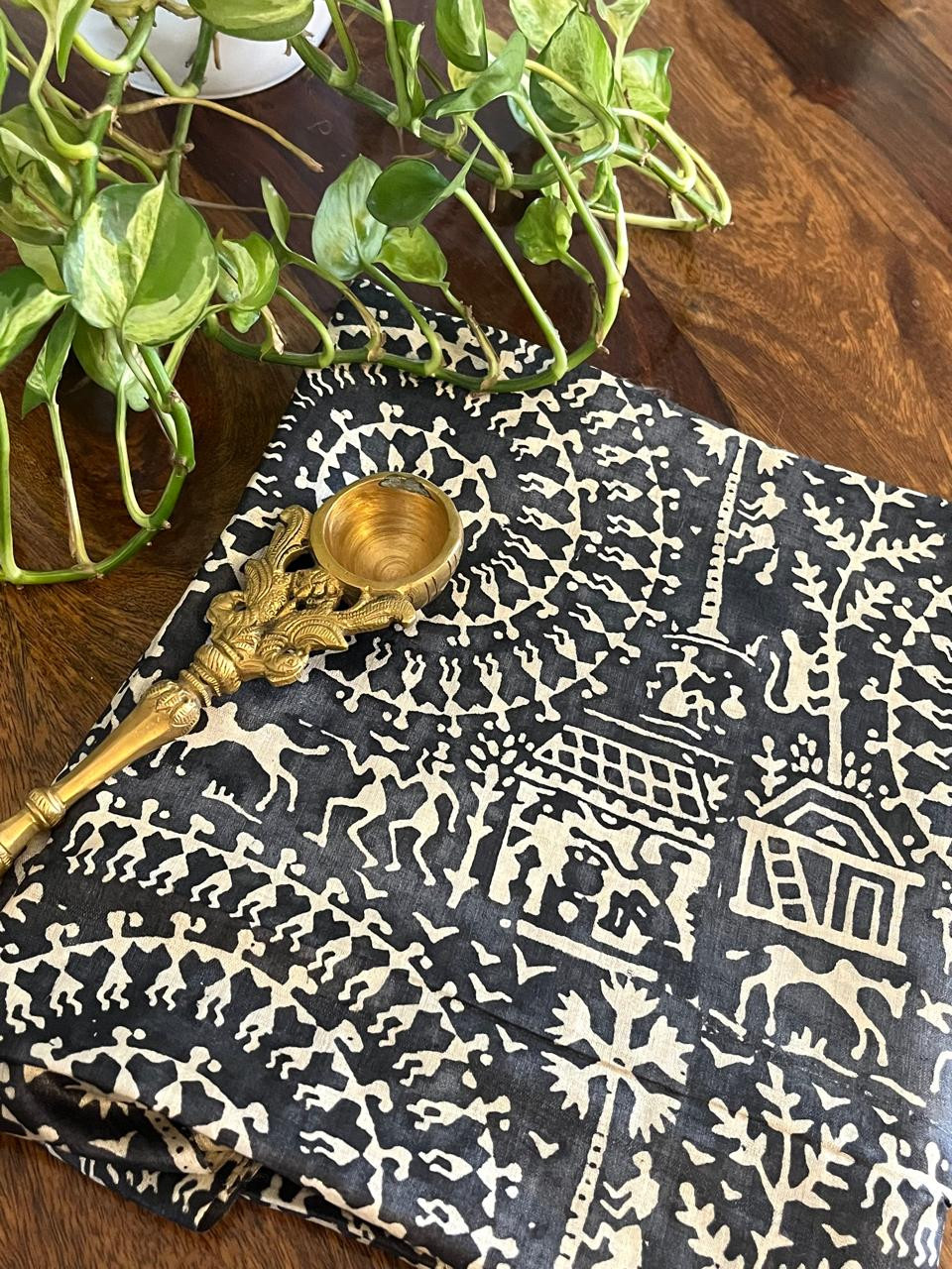 Pure Tussar Silk Printed Kurta Fabric - 25 mts - Black Tribal Print