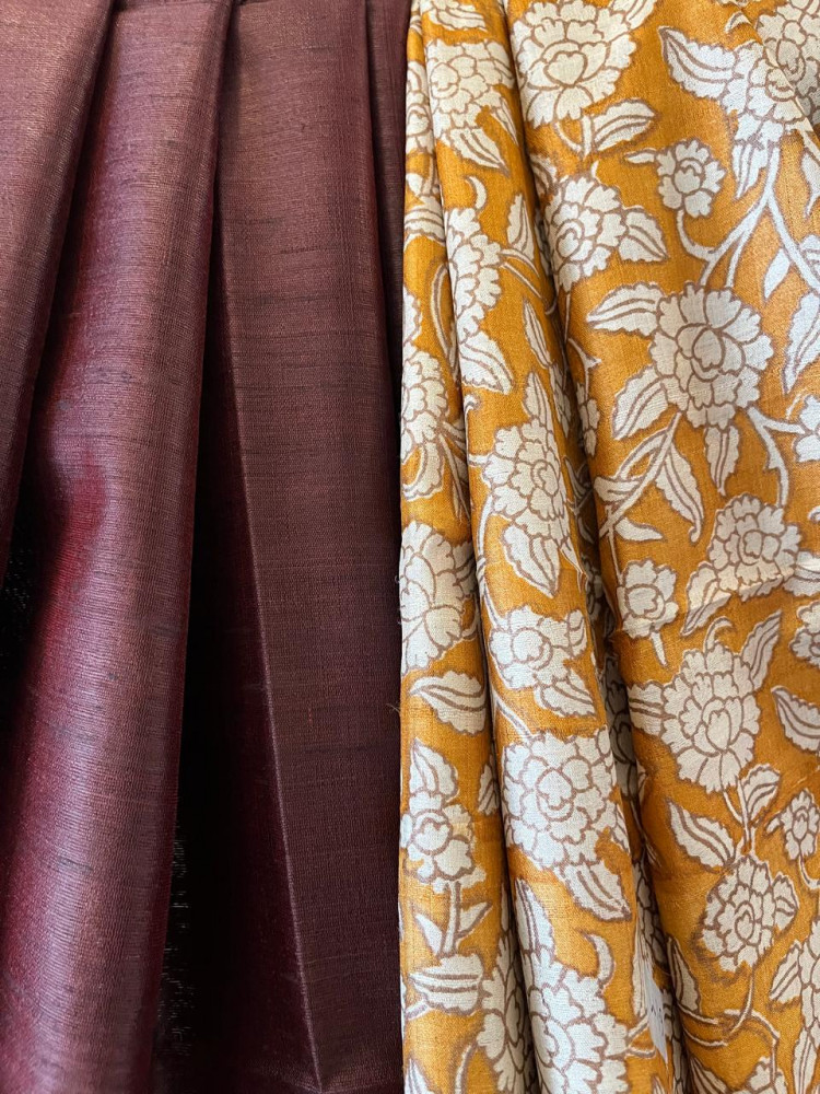 Image of Pure Tussar Silk Printed Kurta paired with Raw Silk Dupatta - Mustard Kurta