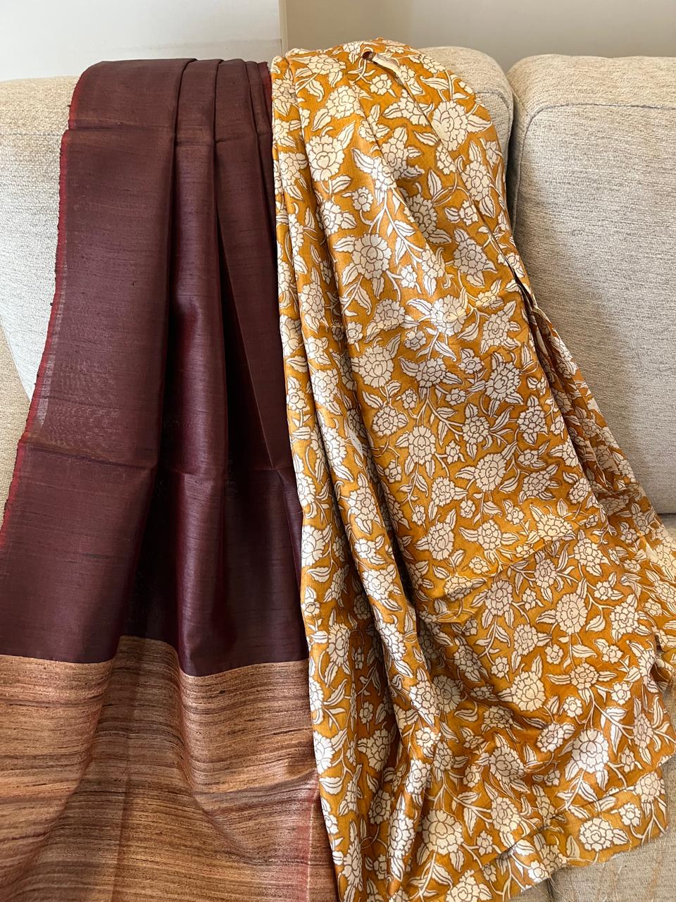 Pure Tussar Silk Printed Kurta paired with Raw Silk Dupatta - Mustard Kurta