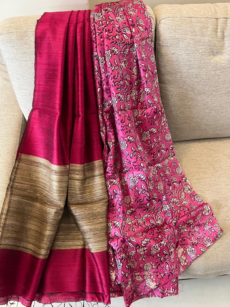 Pure Tussar Silk Printed Kurta paired with Raw Silk Dupatta - Pink Kurta