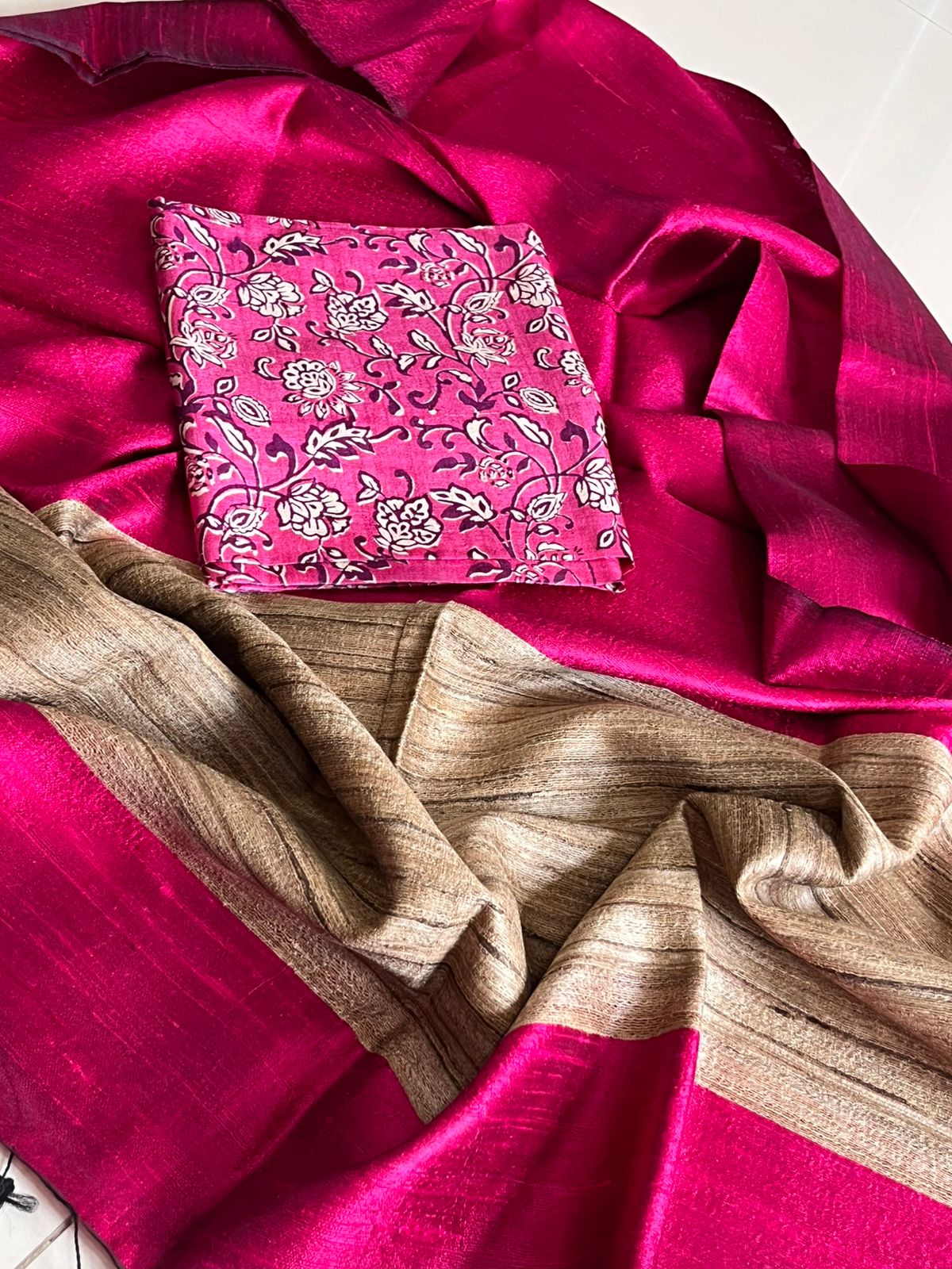 Pure Tussar Silk Printed Kurta paired with Raw Silk Dupatta - Pink Kurta