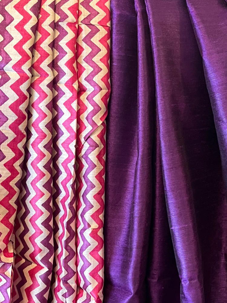 Image of Pure Tussar Silk Printed Kurta paired with Raw Silk Dupatta - Pink Kurta