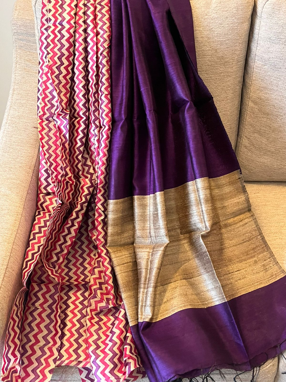 Pure Tussar Silk Printed Kurta paired with Raw Silk Dupatta - Pink Kurta