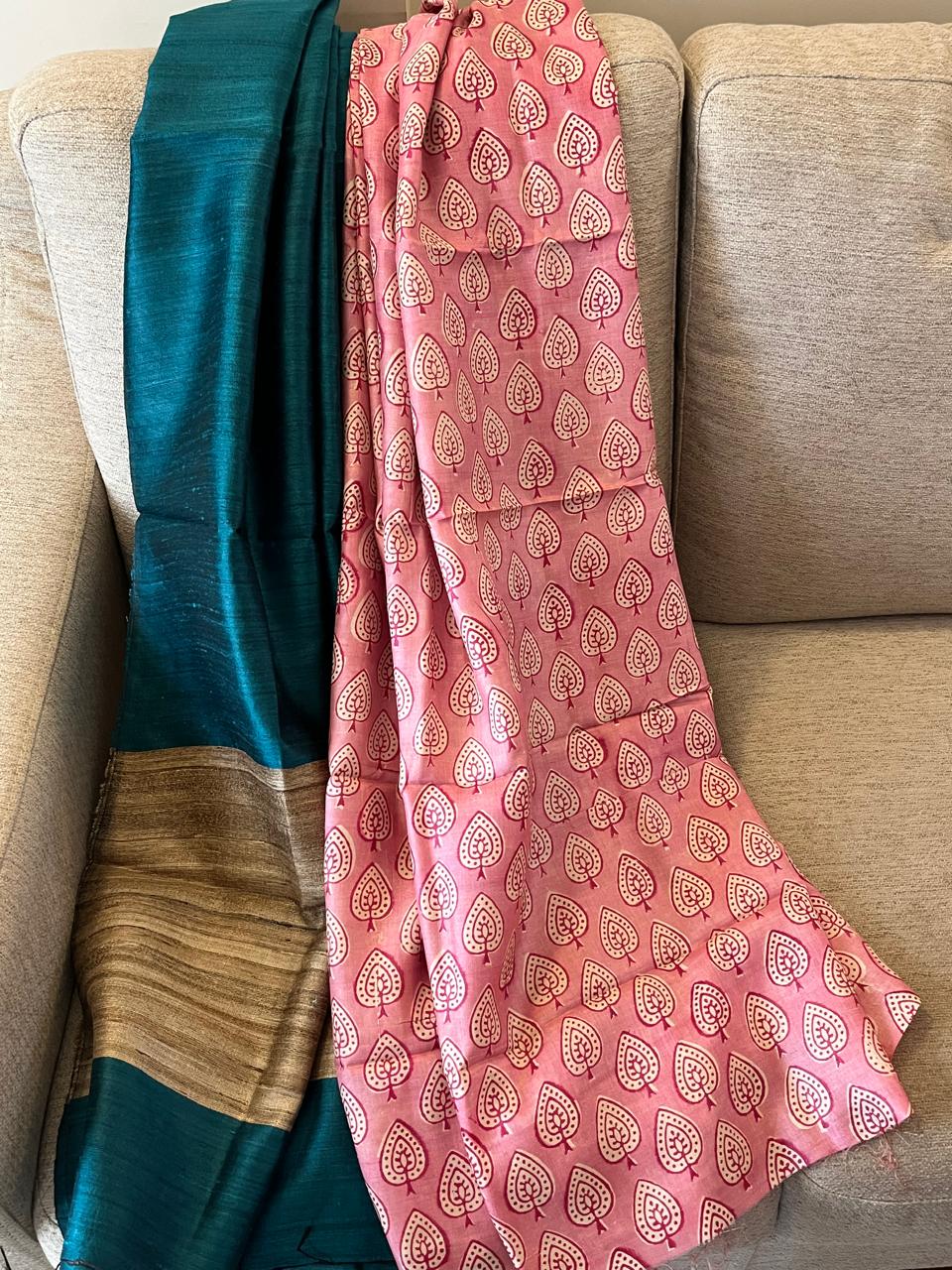Pure Tussar Silk Printed Kurta paired with Raw Silk Dupatta - Pink Kurta