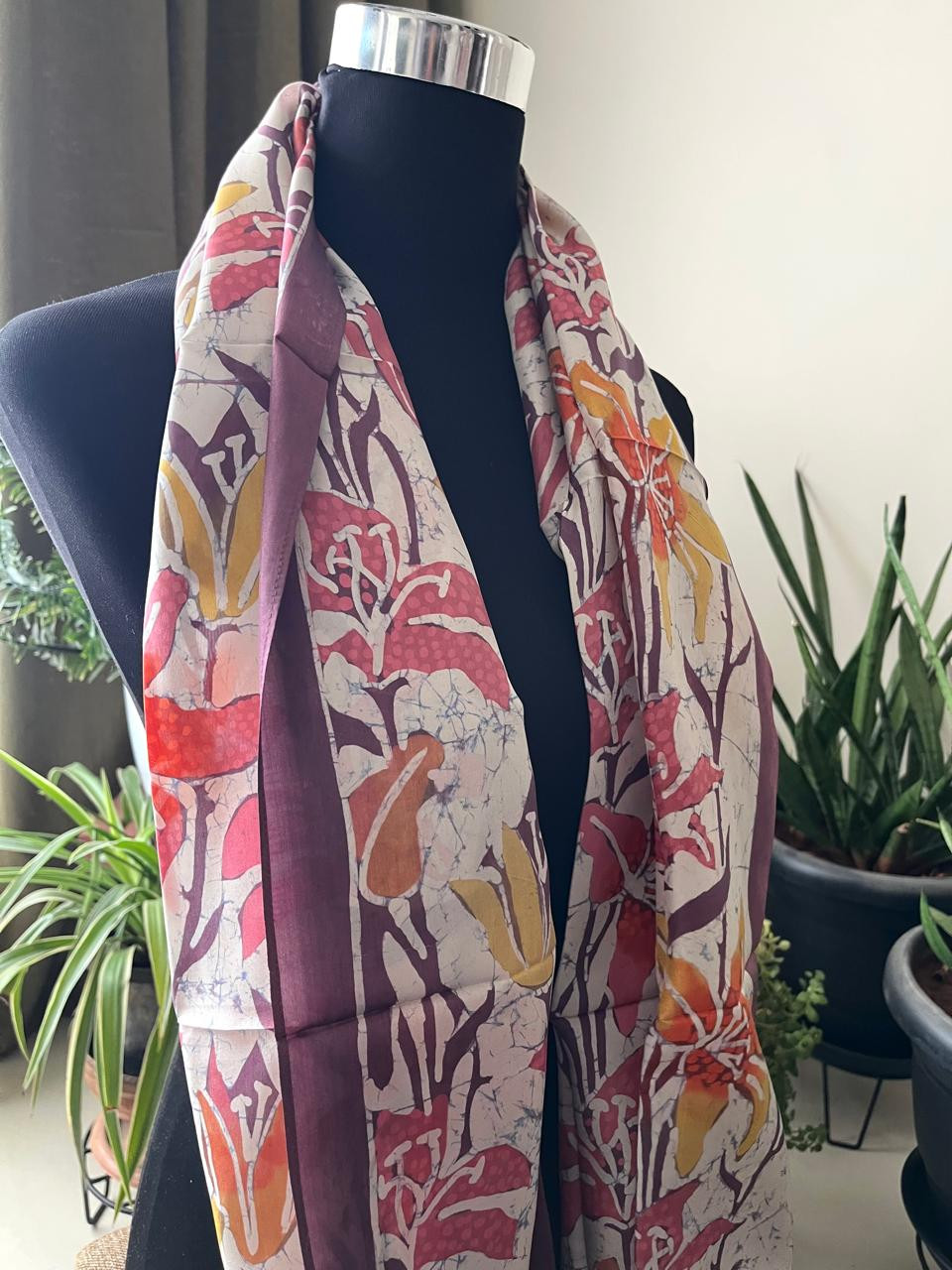 Pure Soft Silk Stole with Hand Wax Batik work