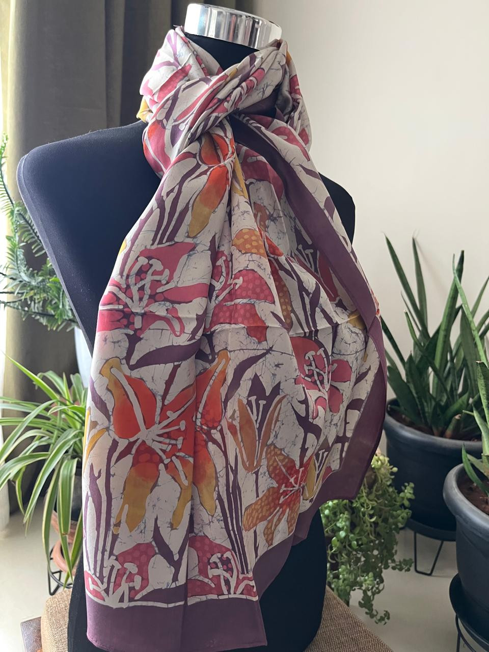 Pure Soft Silk Stole with Hand Wax Batik work