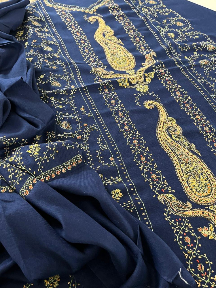 Image of Pure Wool 3 piece Suit with Hand Sozni Work - Blue