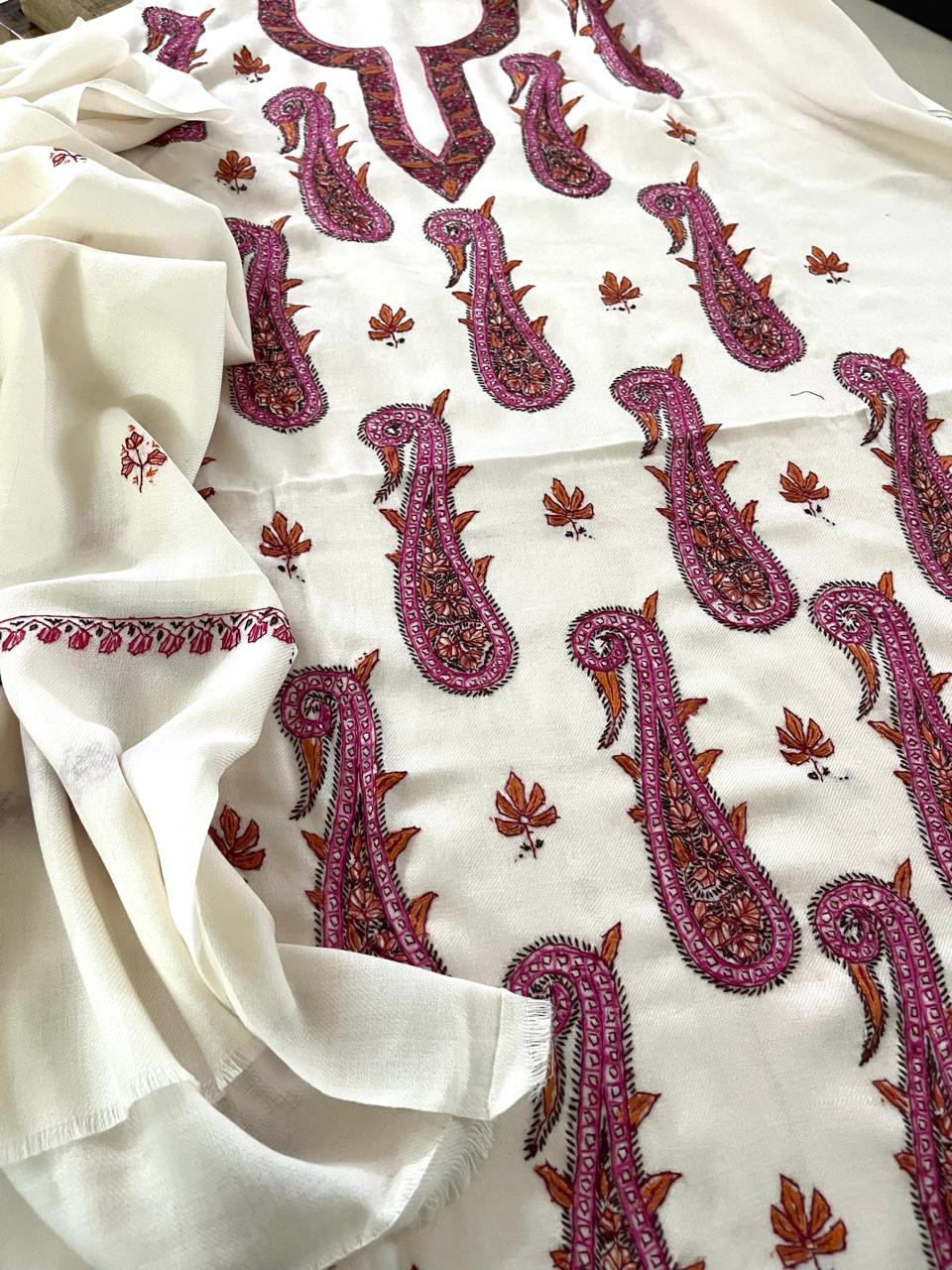 Pure Wool 3 piece Suit with Hand Sozni Work - White