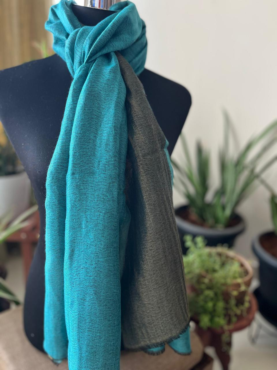 Pure wool handwoven dual shade reversible stoles - Sky Blue and Blackish Gold