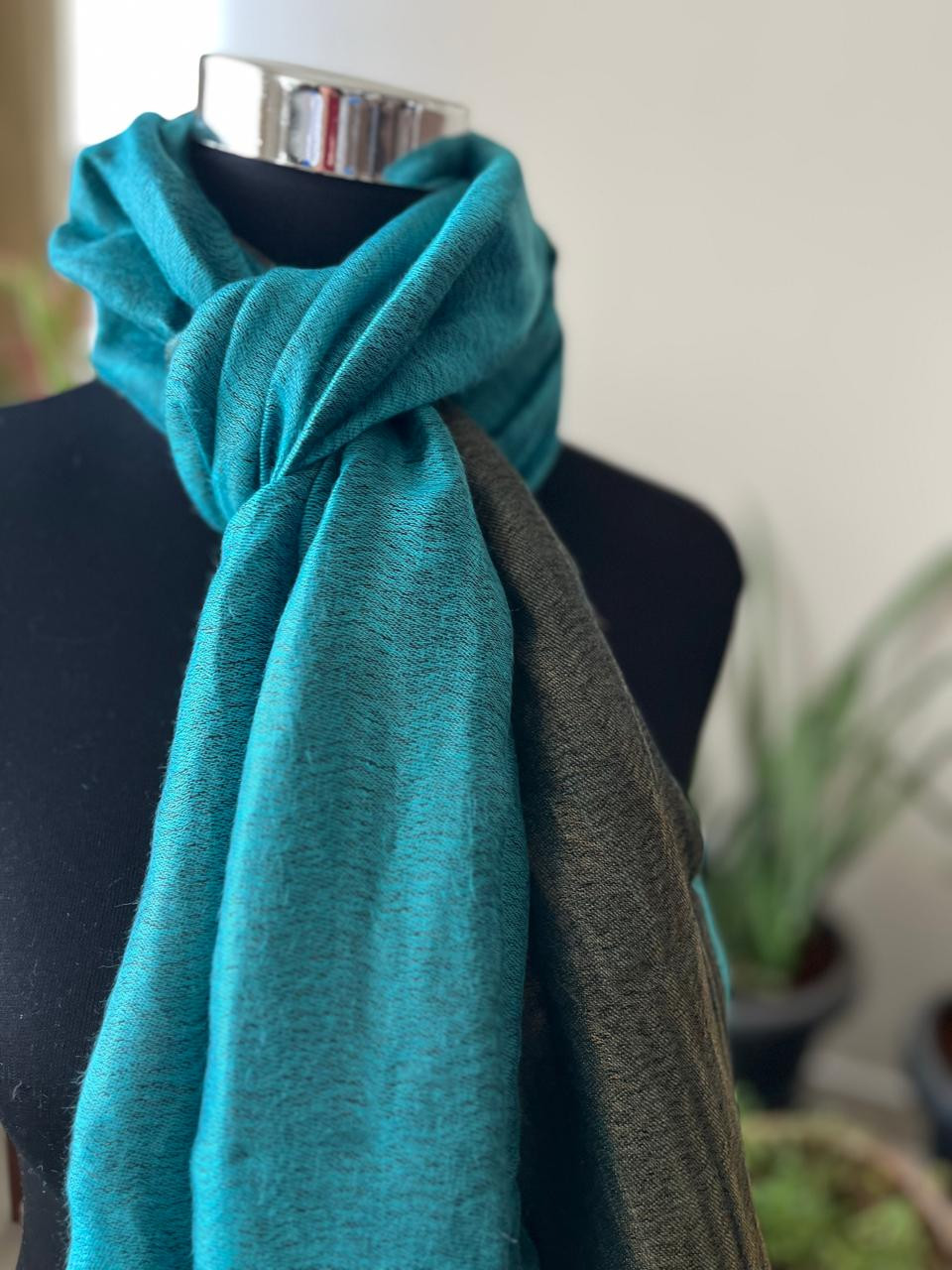 Pure wool handwoven dual shade reversible stoles - Sky Blue and Blackish Gold