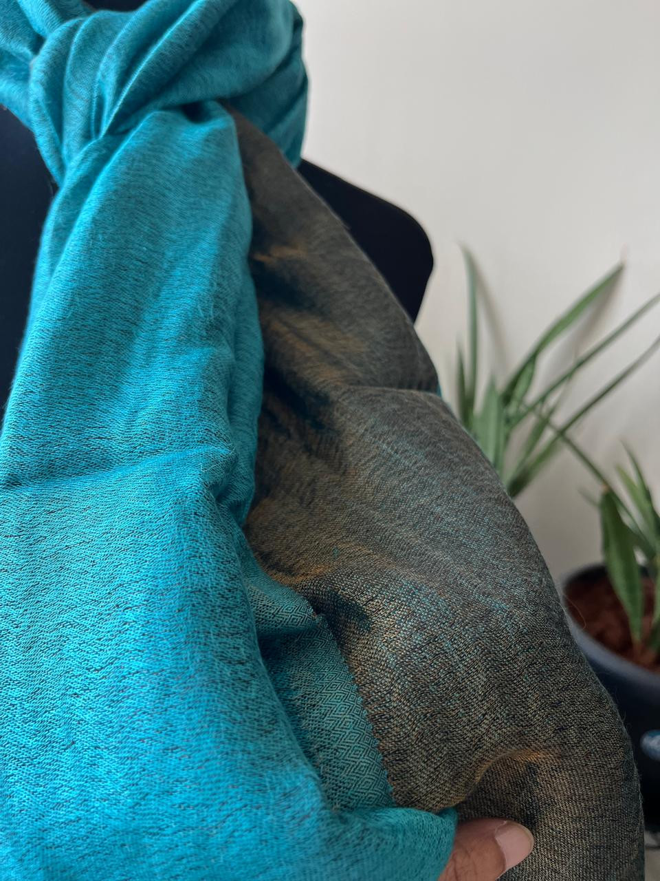 Pure wool handwoven dual shade reversible stoles - Sky Blue and Blackish Gold