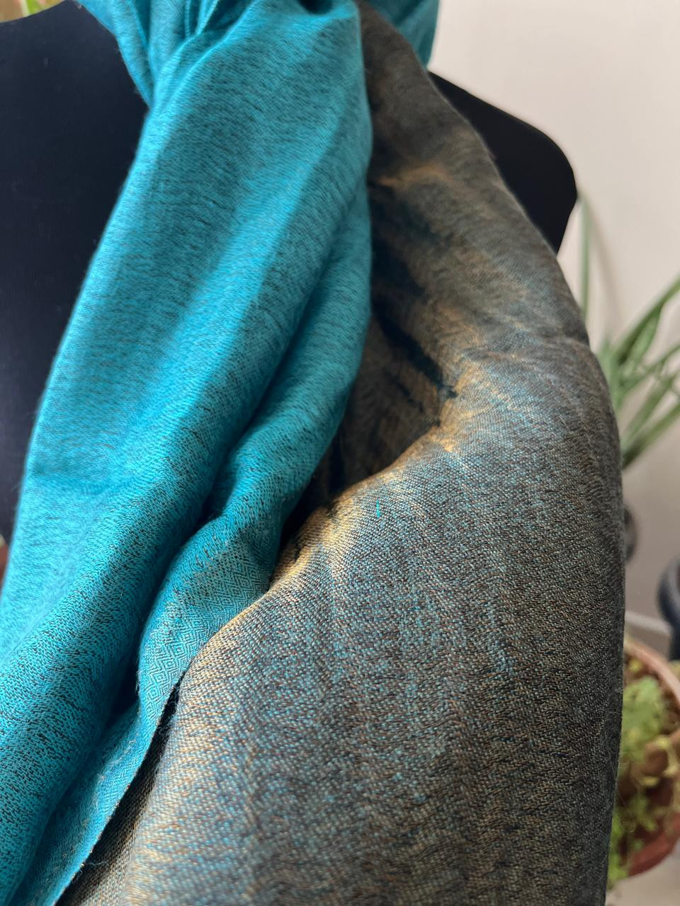Pure wool handwoven dual shade reversible stoles - Sky Blue and Blackish Gold