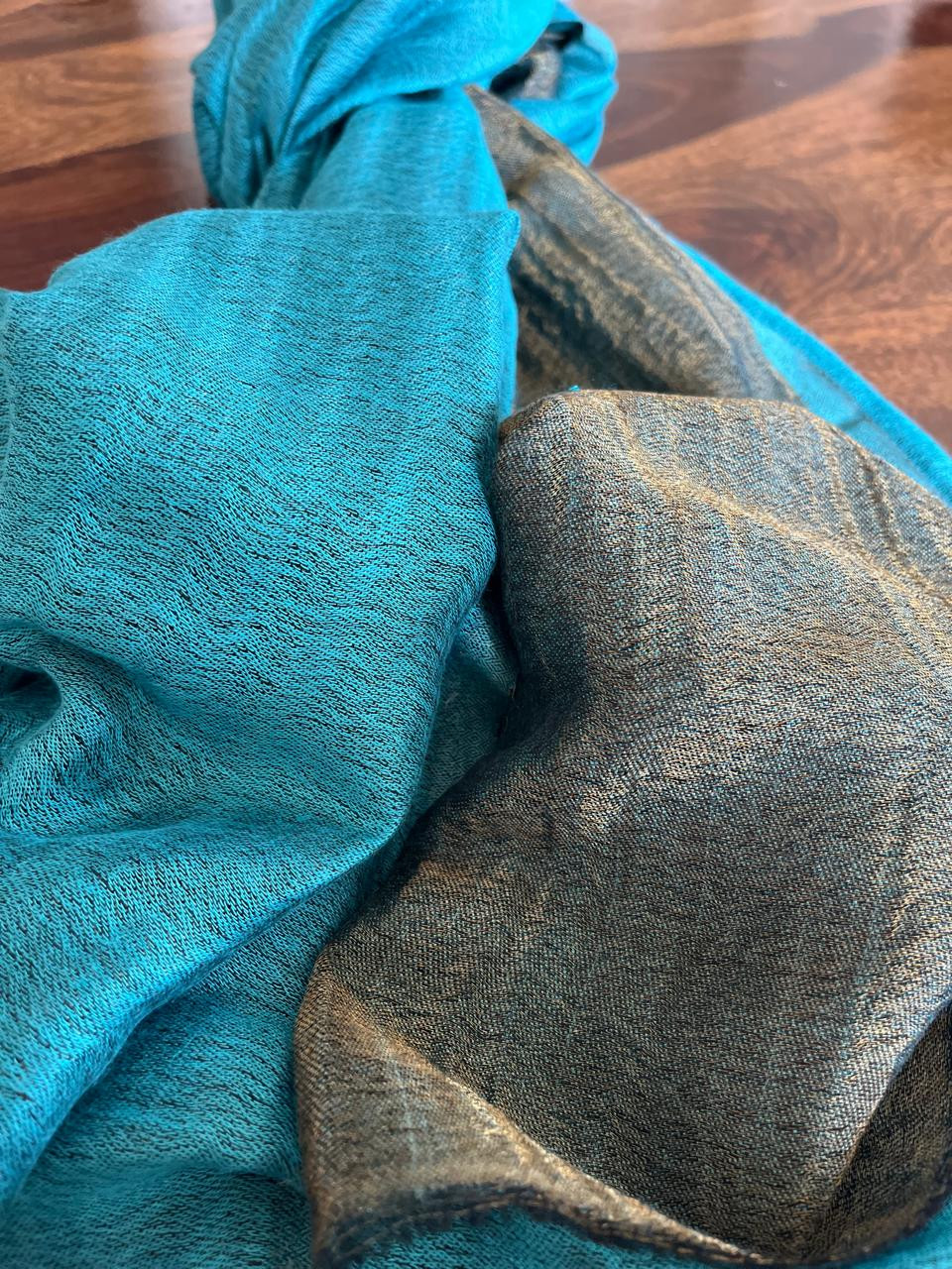 Pure wool handwoven dual shade reversible stoles - Sky Blue and Blackish Gold
