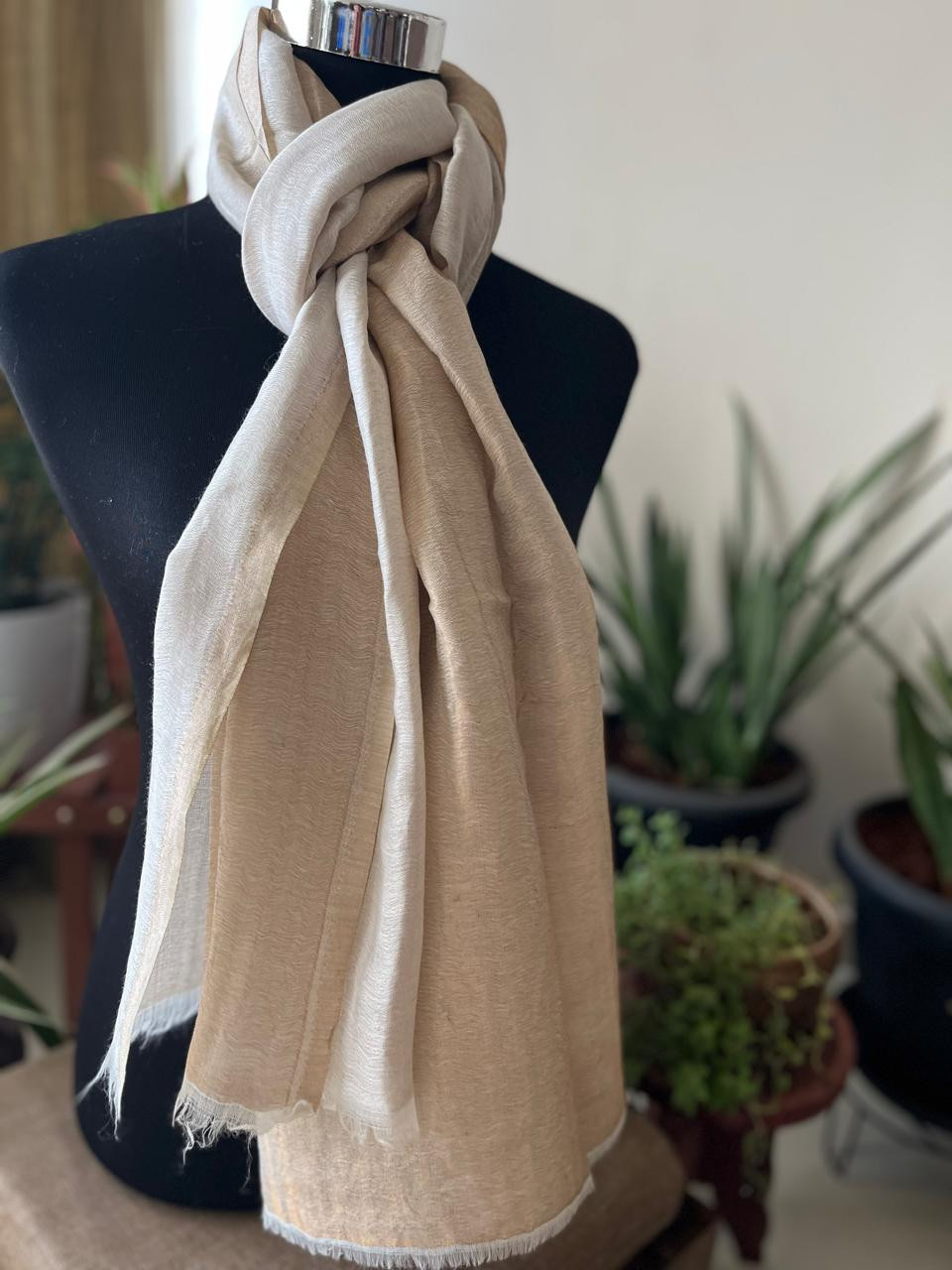 Pure wool handwoven dual shade reversible stoles - Ivory White and Gold