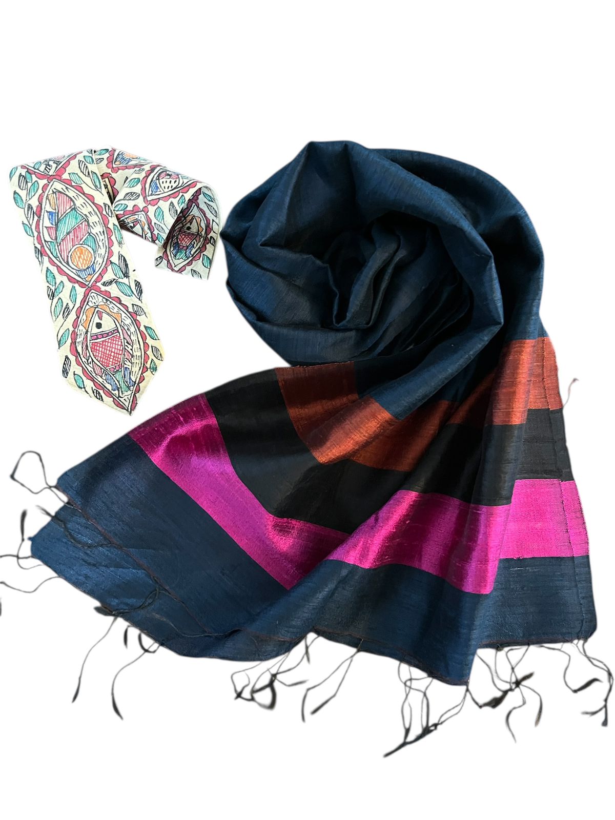 Elegant Duo Combo - Madhubani Handpainted Silk Tie  Silk Handwoven Stole - Midnight Blue