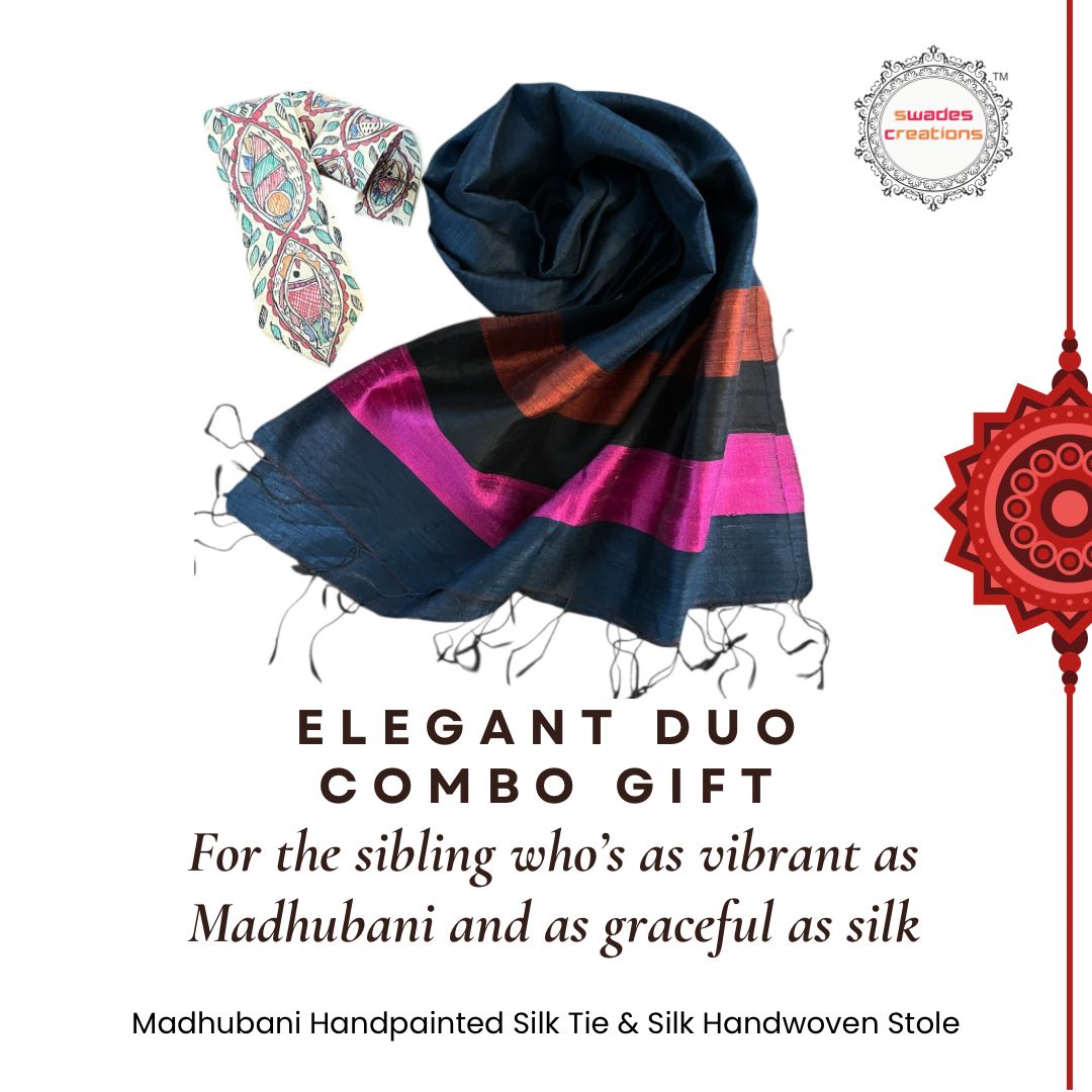 Elegant Duo Combo - Madhubani Handpainted Silk Tie  Silk Handwoven Stole - Midnight Blue