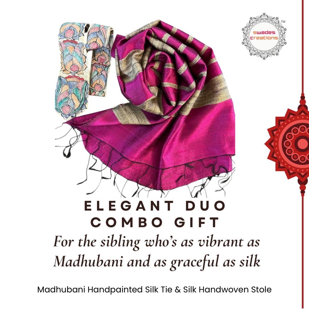 Elegant Duo Combo - Madhubani Handpainted Silk Tie  Silk Handwoven Stole - Pink