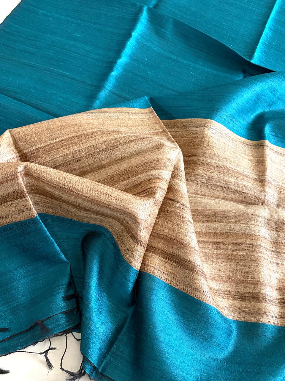 Pure Raw Silk Handloom Dupatta - Teal Blue - UNISEX