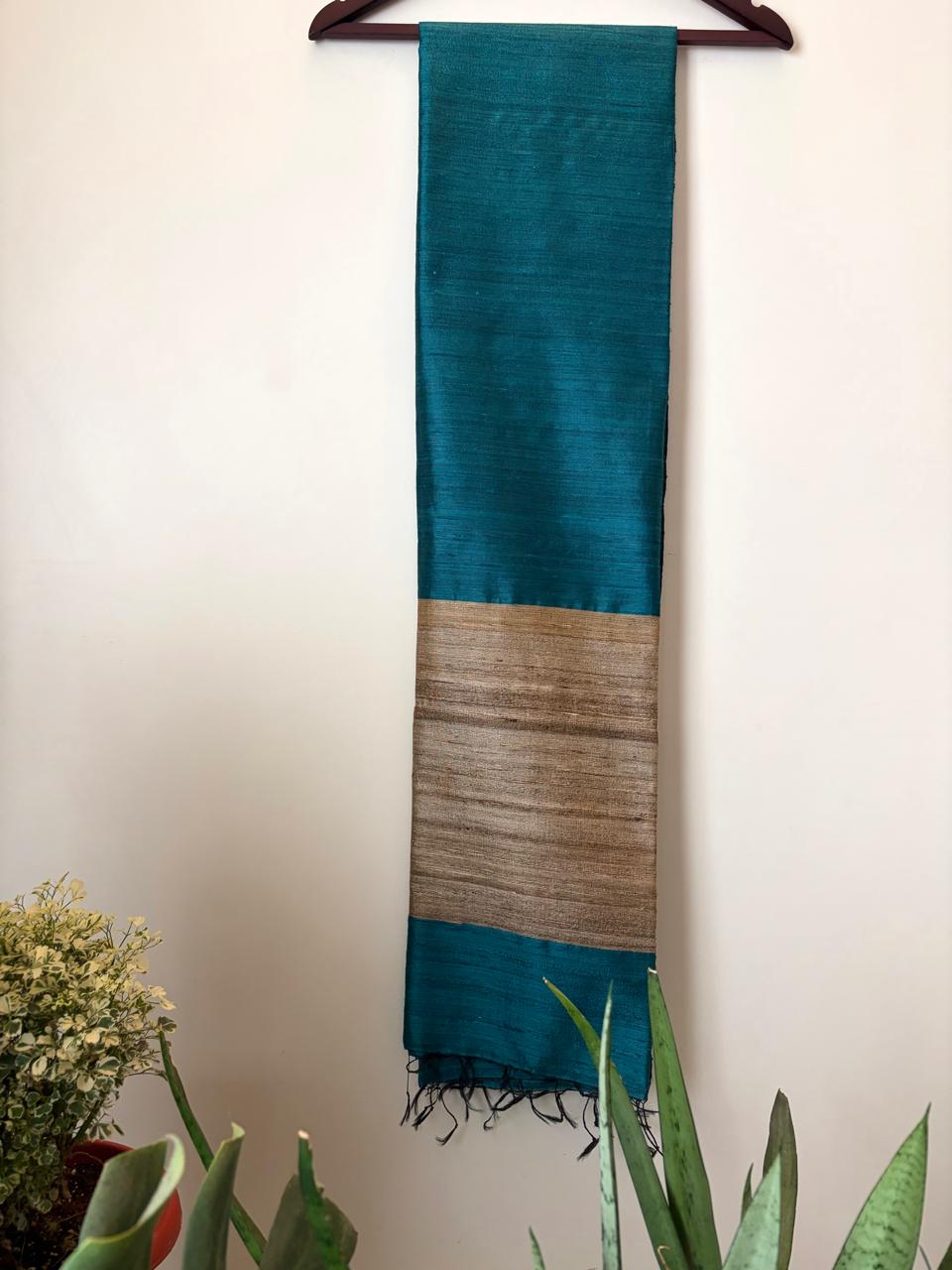 Pure Raw Silk Handloom Dupatta - Teal Blue - UNISEX