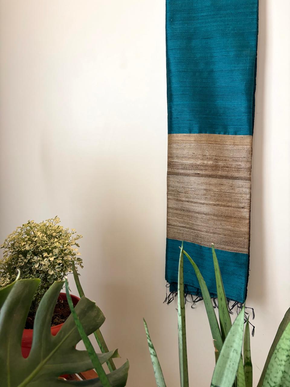 Pure Raw Silk Handloom Dupatta - Teal Blue - UNISEX