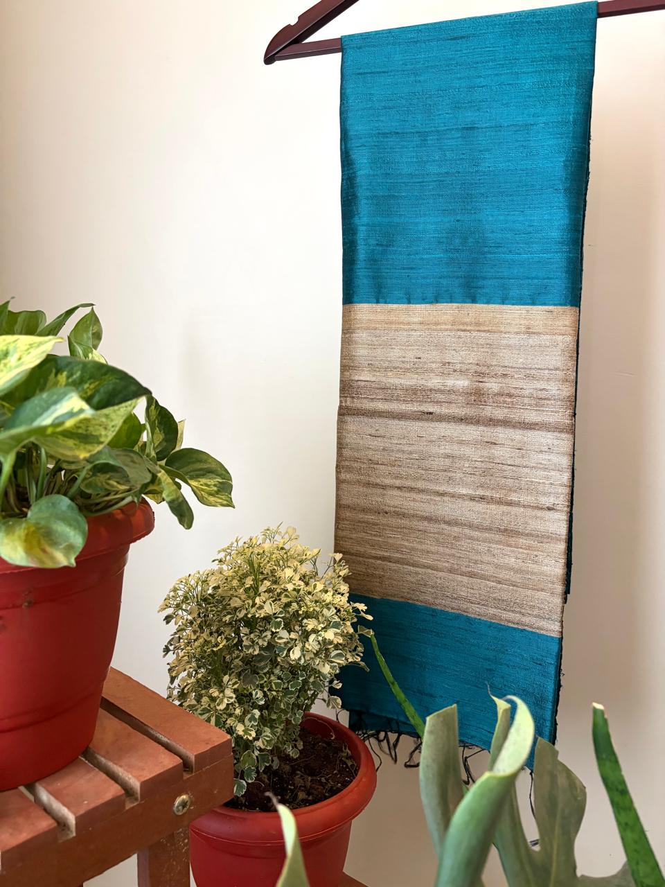 Pure Raw Silk Handloom Dupatta - Teal Blue - UNISEX