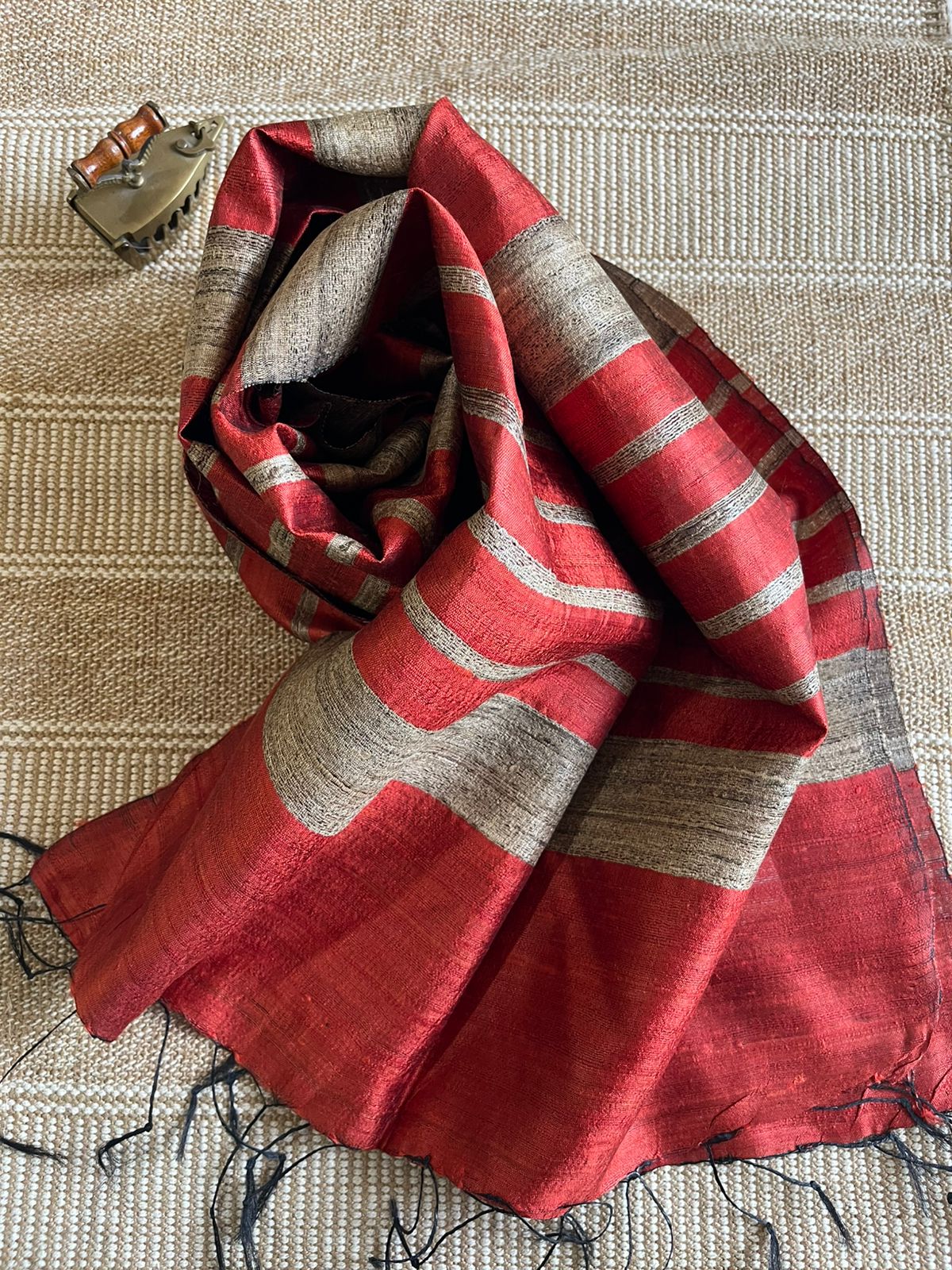 Vibrant pure Raw Silk Stole - striped - Fiery Brick