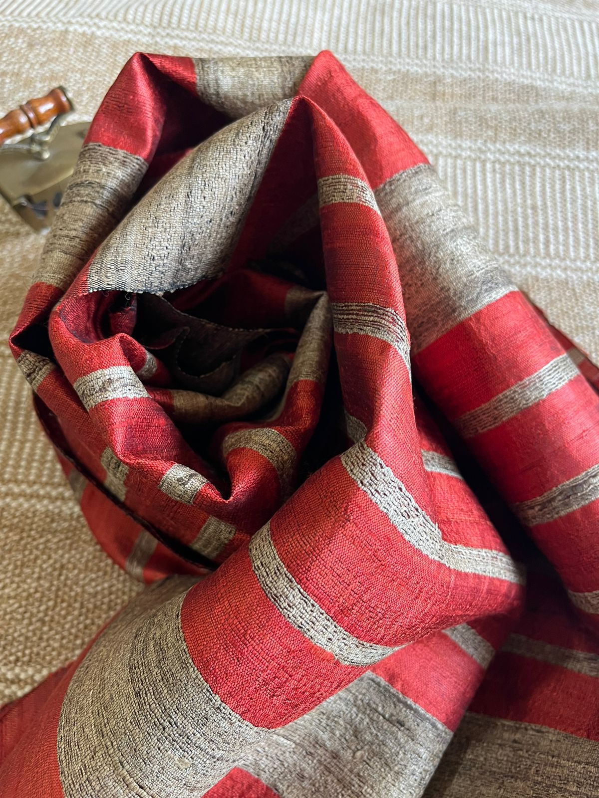 Vibrant pure Raw Silk Stole - striped - Fiery Brick