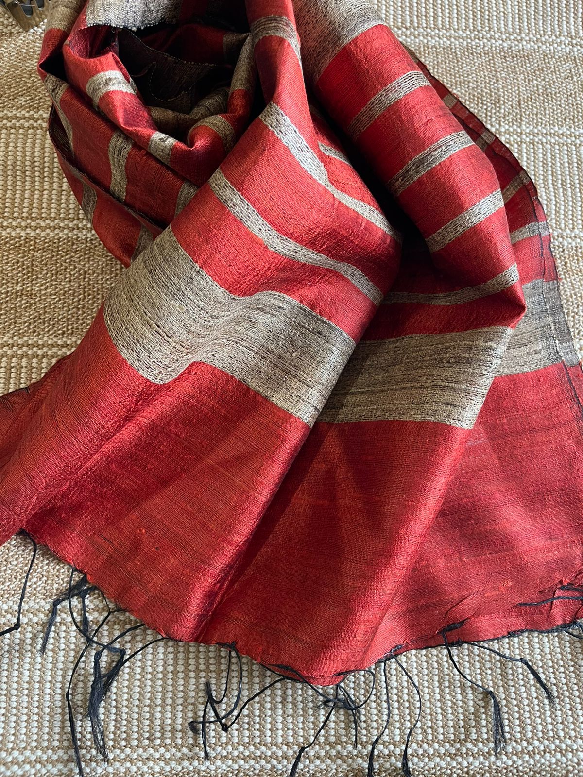 Vibrant pure Raw Silk Stole - striped - Fiery Brick