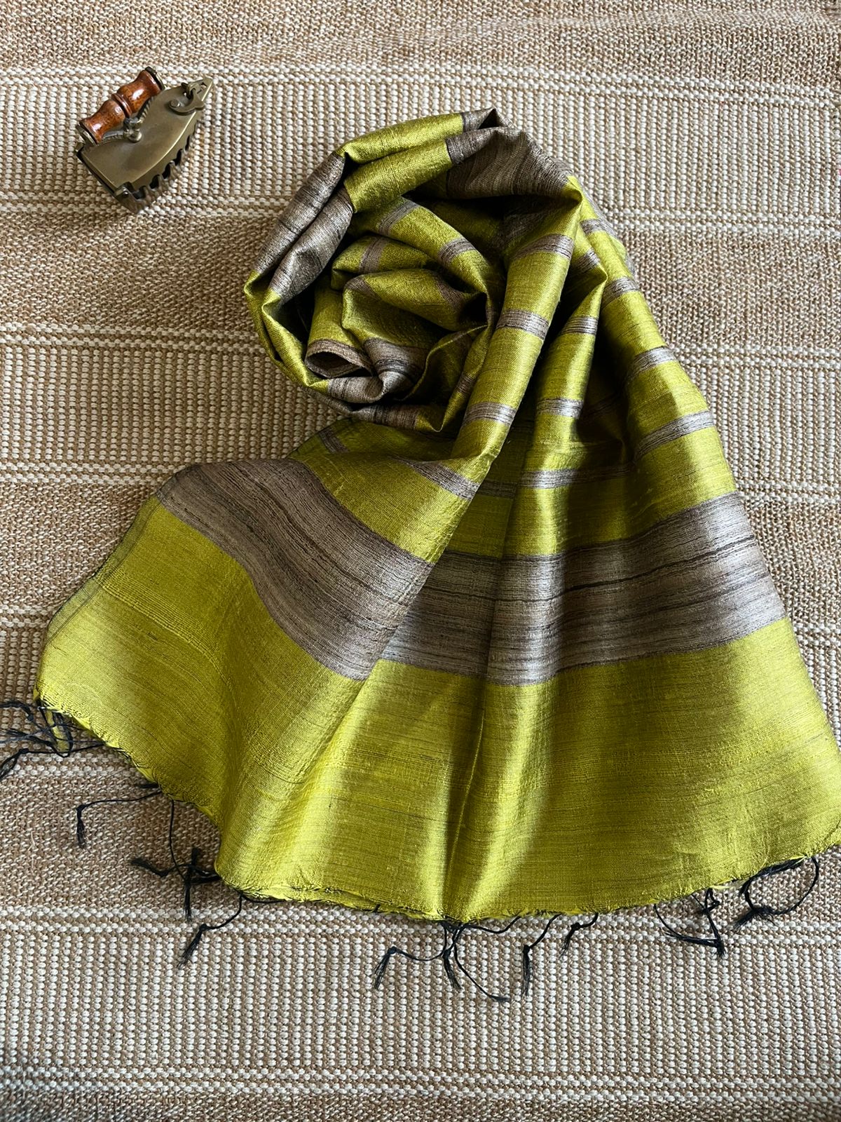 Vibrant pure Raw Silk Stole - striped - Lemon Green