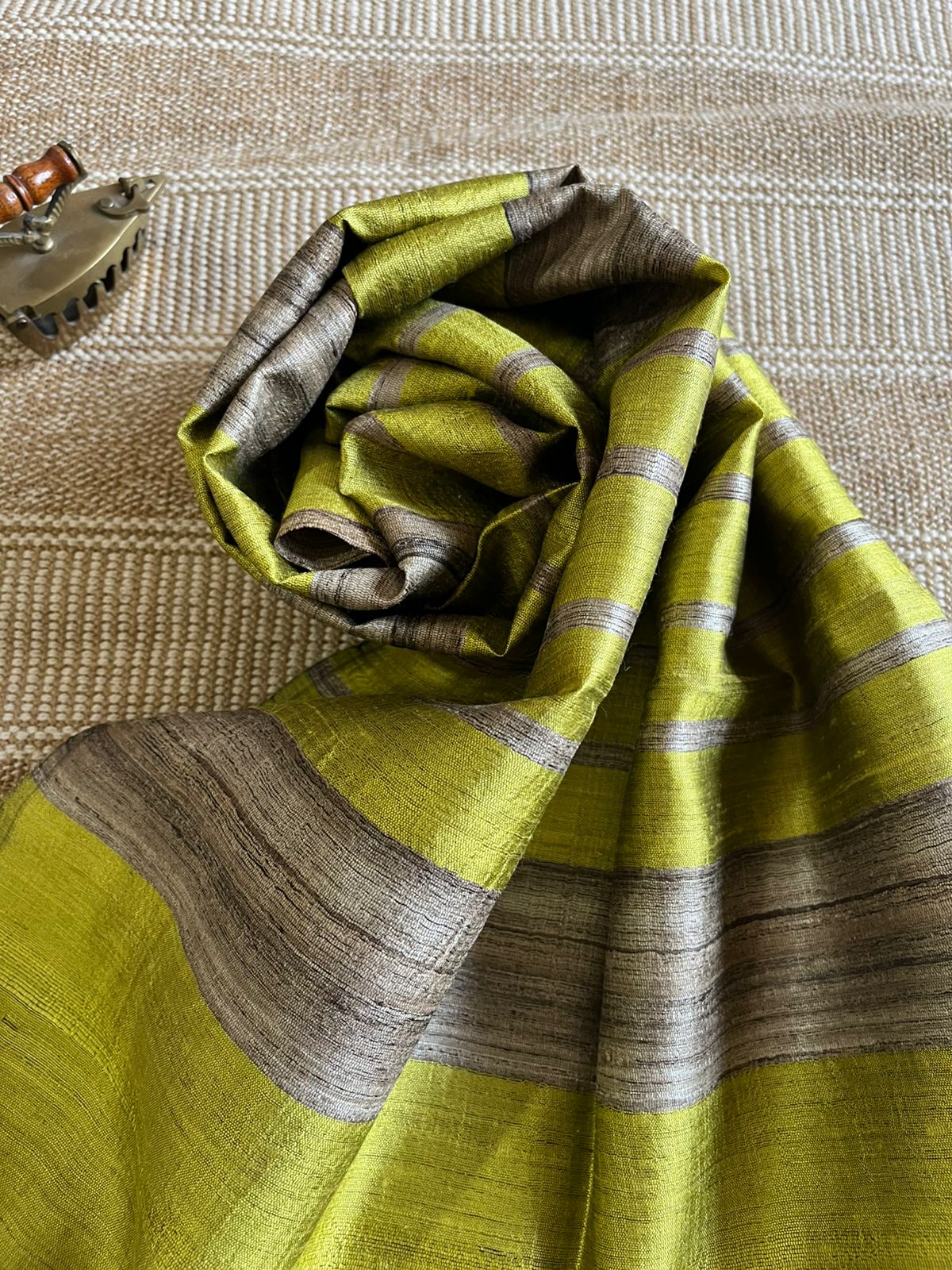 Vibrant pure Raw Silk Stole - striped - Lemon Green