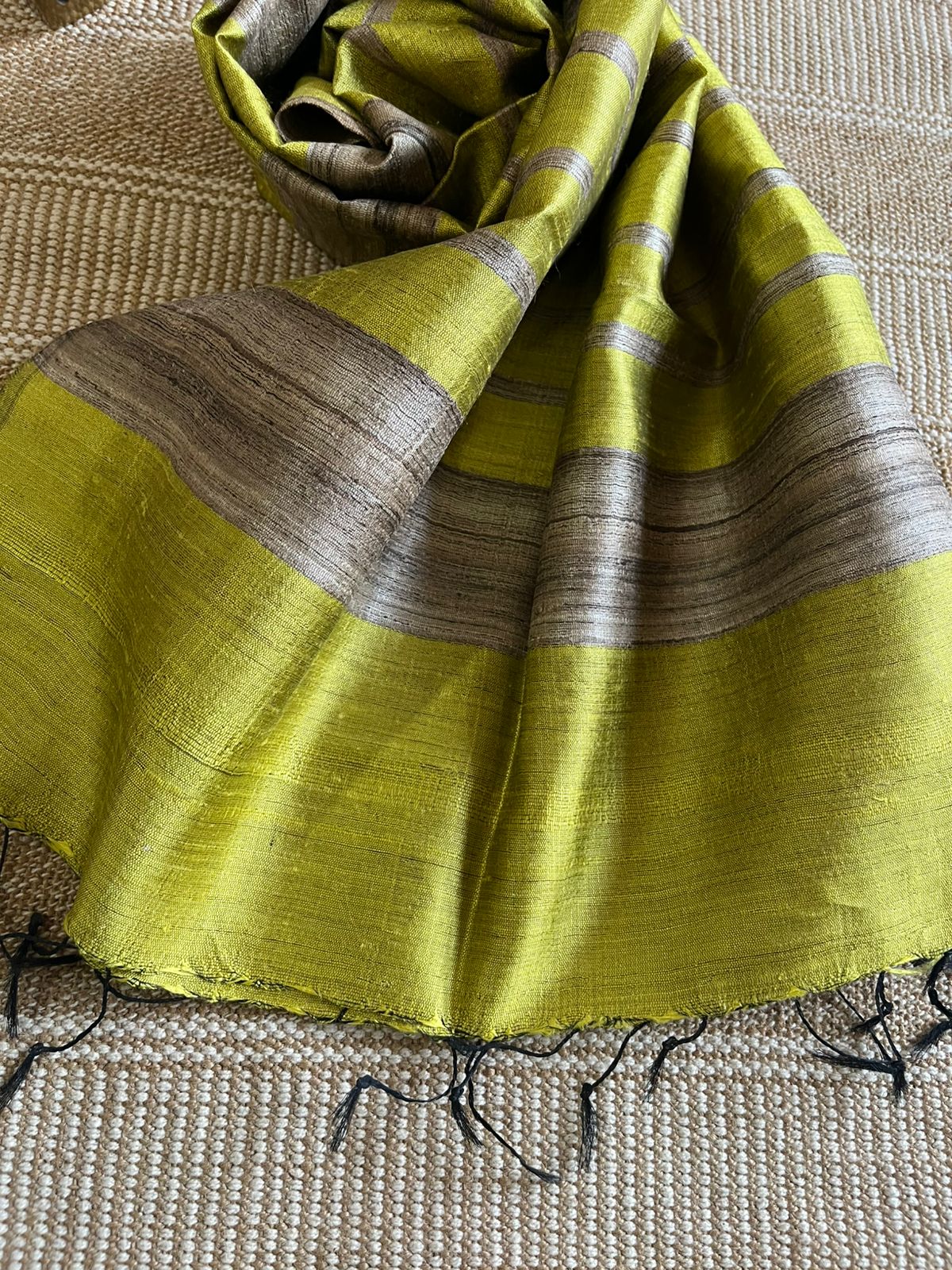 Vibrant pure Raw Silk Stole - striped - Lemon Green