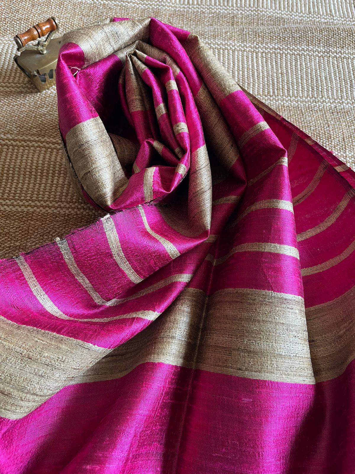 Vibrant pure Raw Silk Stole - striped - Magenta