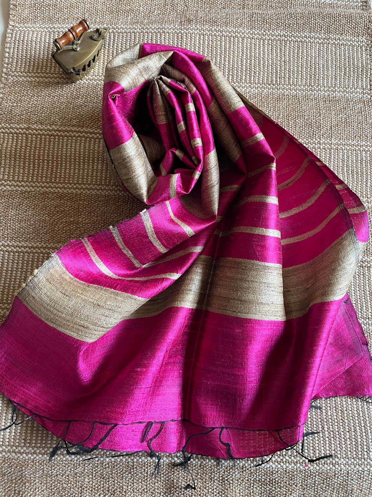 Vibrant pure Raw Silk Stole - striped - Magenta