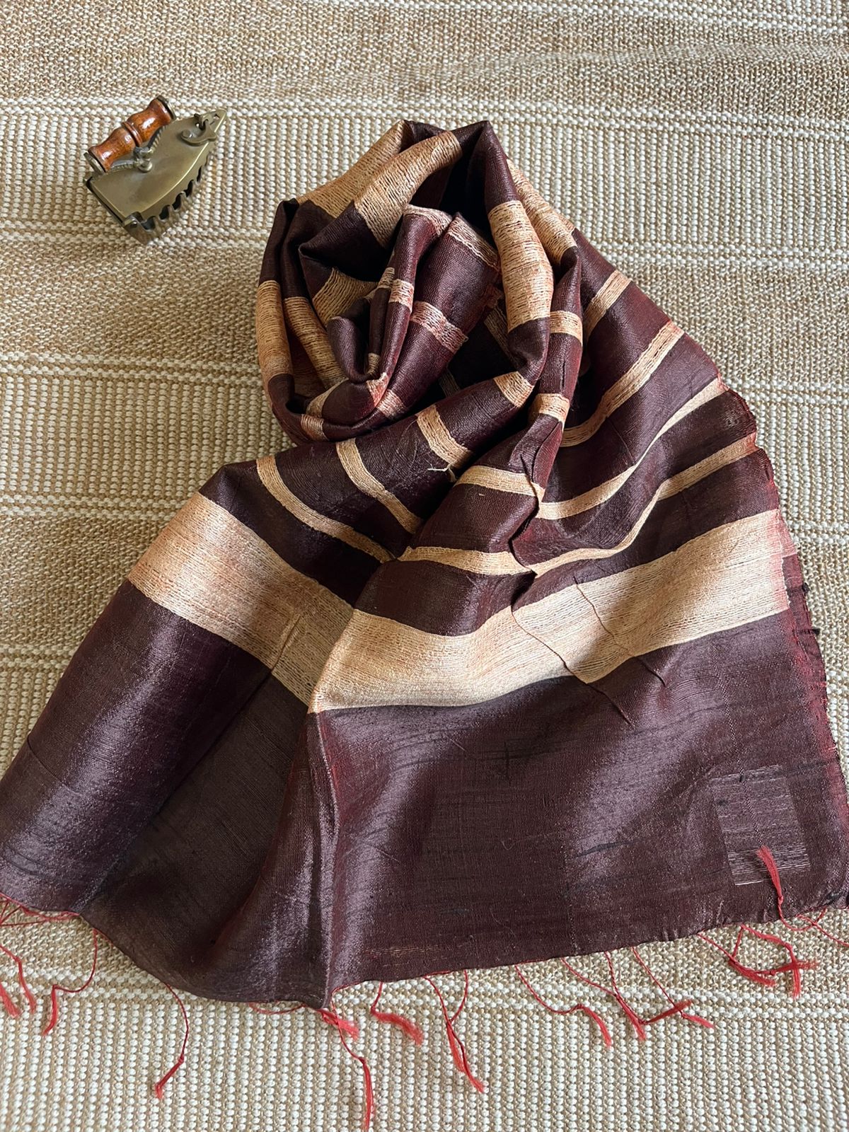 Vibrant pure Raw Silk Stole - striped - Coke Brown