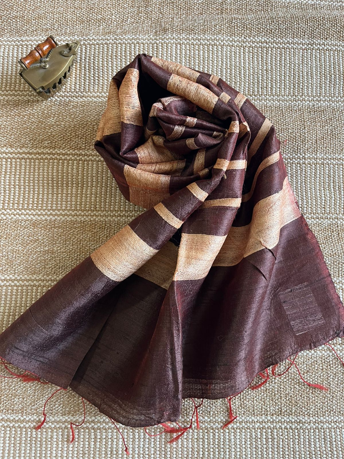 Vibrant pure Raw Silk Stole - striped - Coke Brown