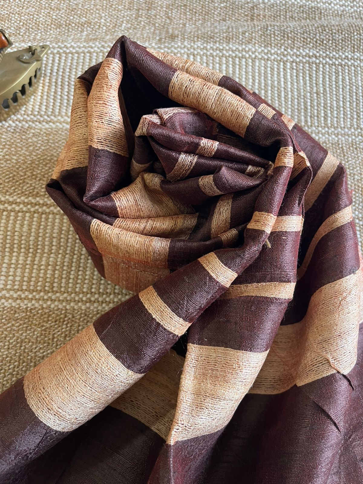 Vibrant pure Raw Silk Stole - striped - Coke Brown