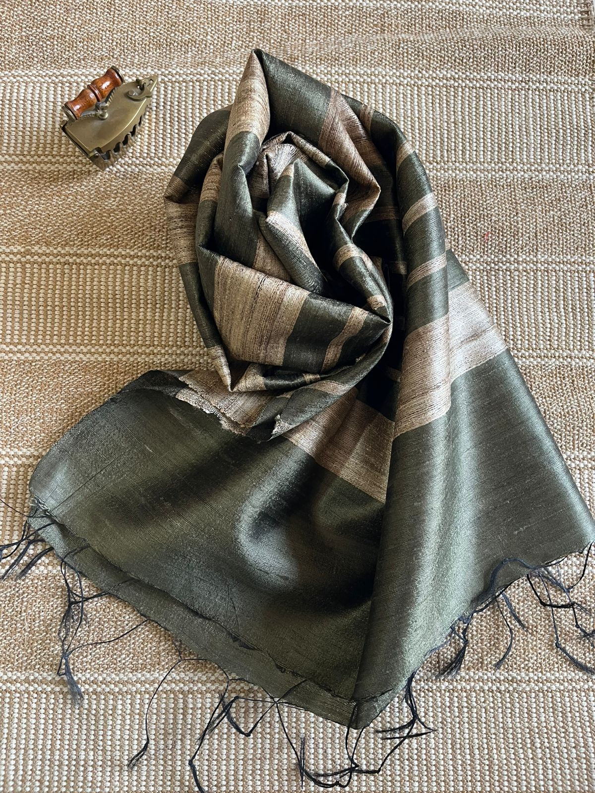 Vibrant pure Raw Silk Stole - striped - Olive Green