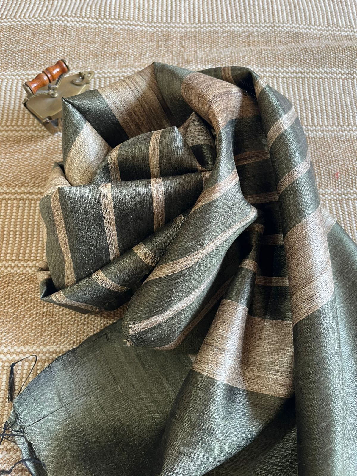 Vibrant pure Raw Silk Stole - striped -  Olive Green
