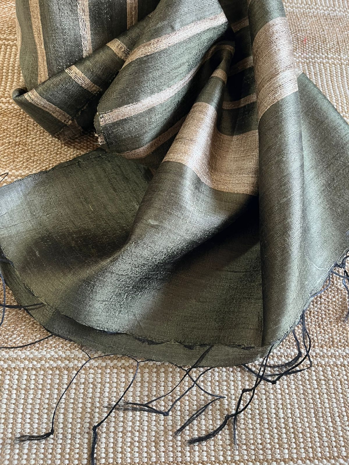 Vibrant pure Raw Silk Stole - striped - Olive Green