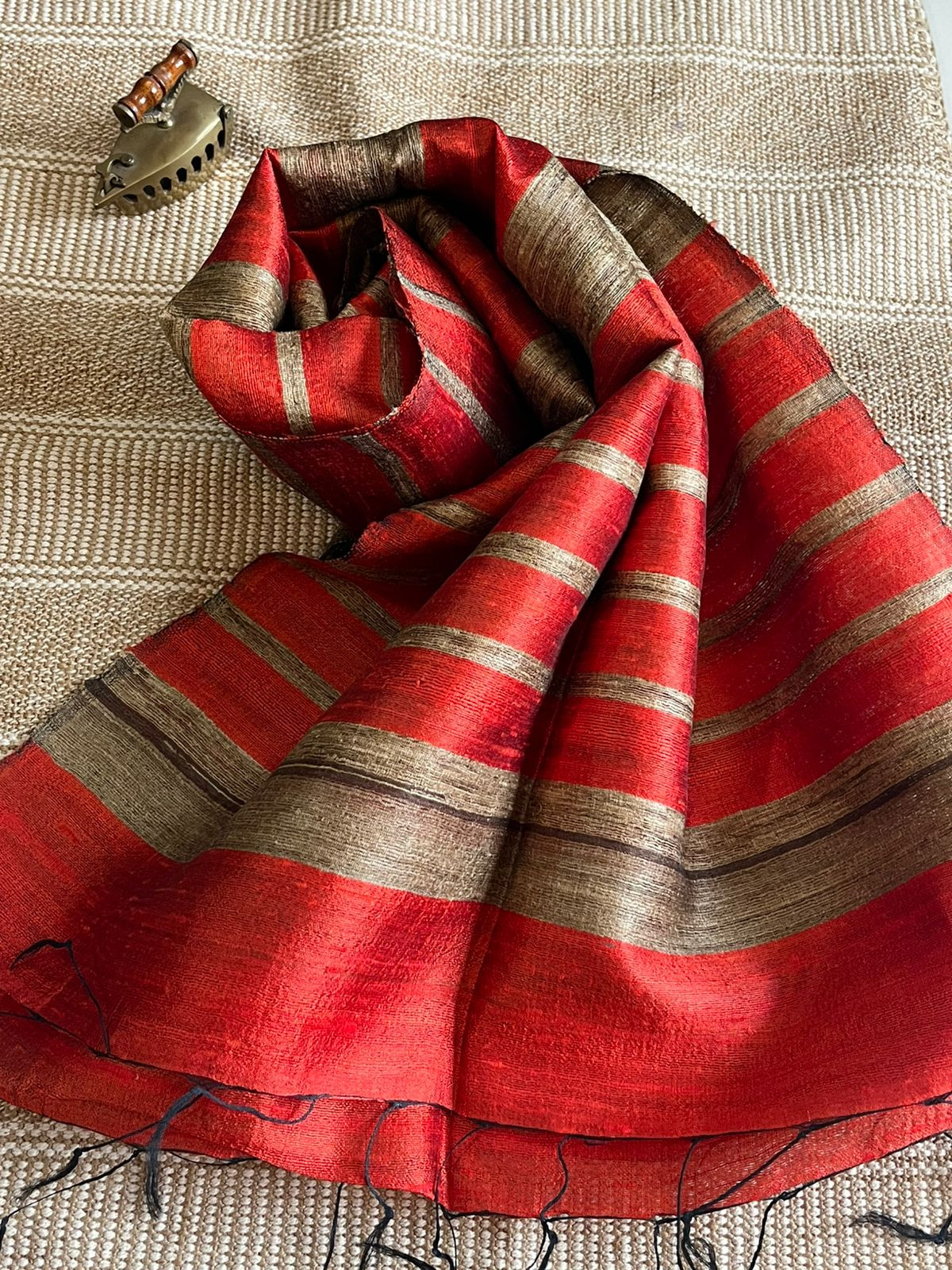 Vibrant pure Raw Silk Stole - striped - Orange