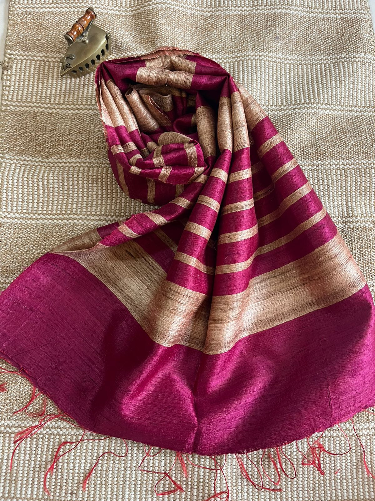 Vibrant pure Raw Silk Stole - striped - Plum