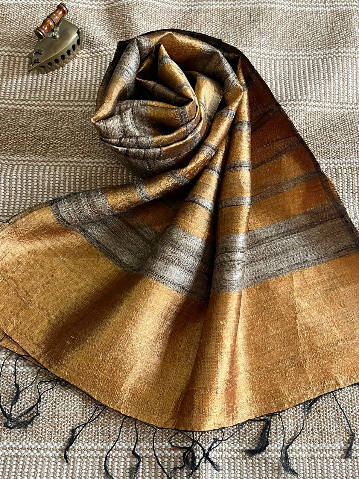 Vibrant pure Raw Silk Stole - striped - Amber Yellow
