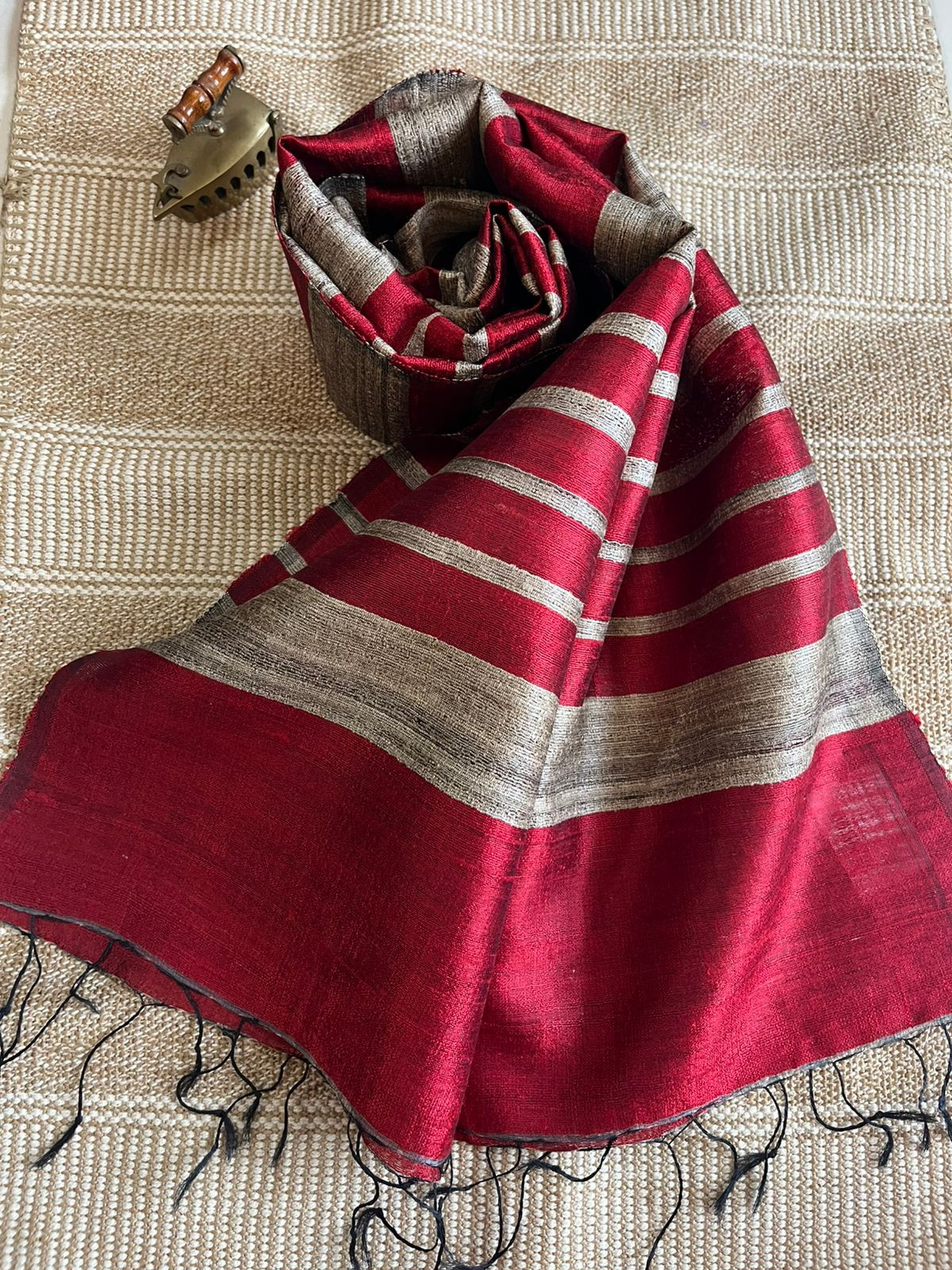 Vibrant pure Raw Silk Stole - striped - Deep Red