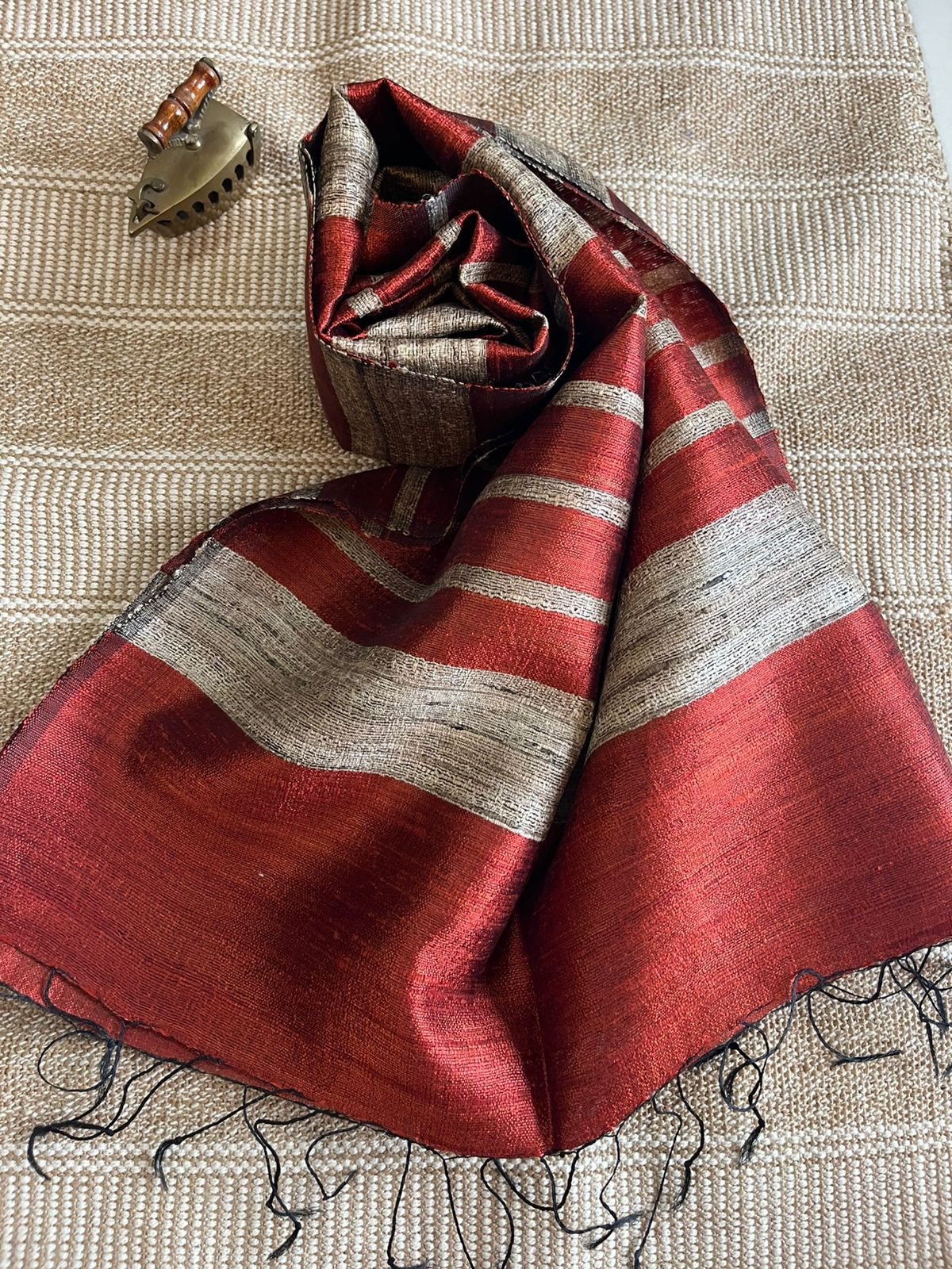 Vibrant pure Raw Silk Stole - striped - Fiery Brick