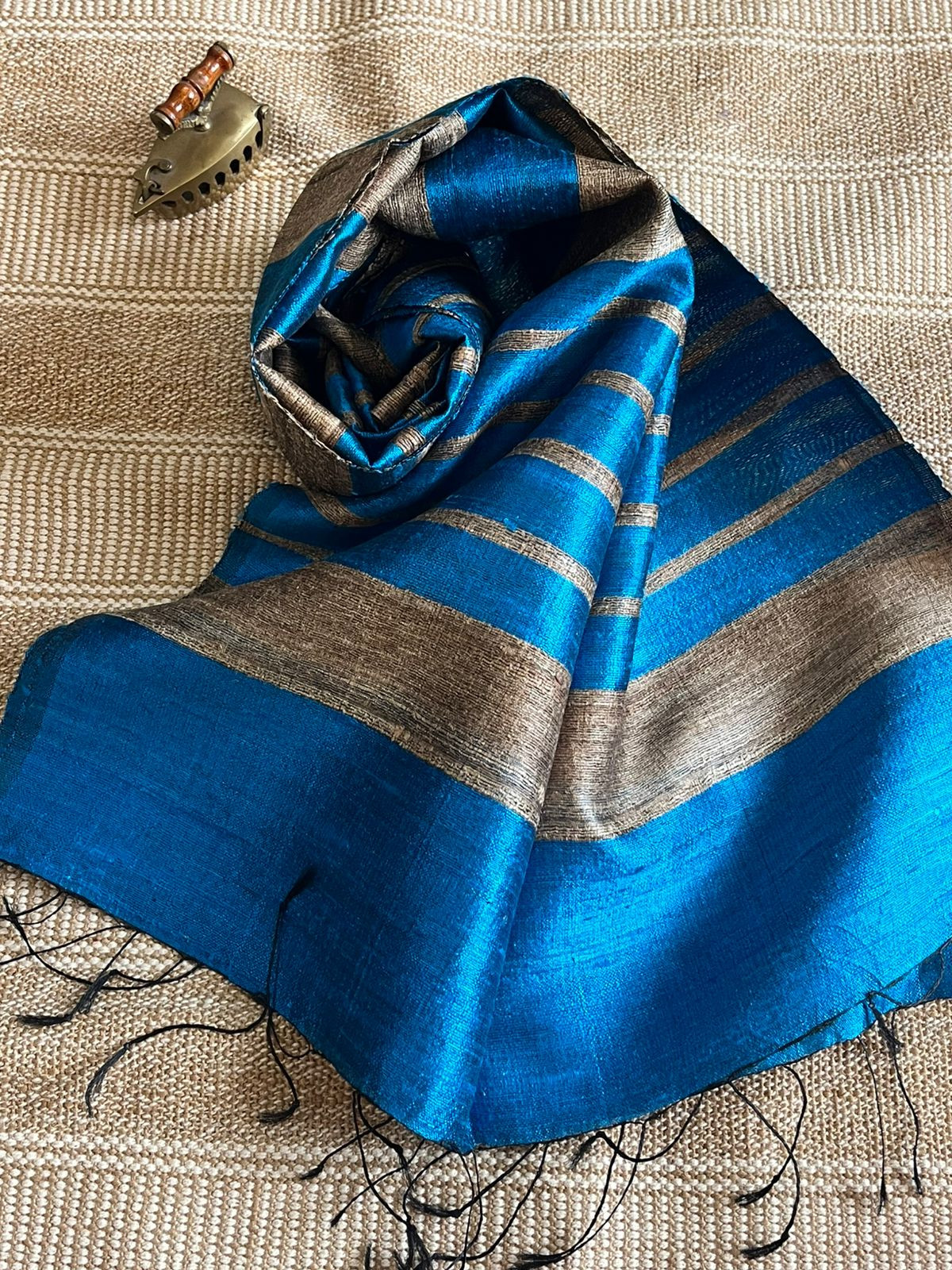 Vibrant pure Raw Silk Stole - striped - Firozi