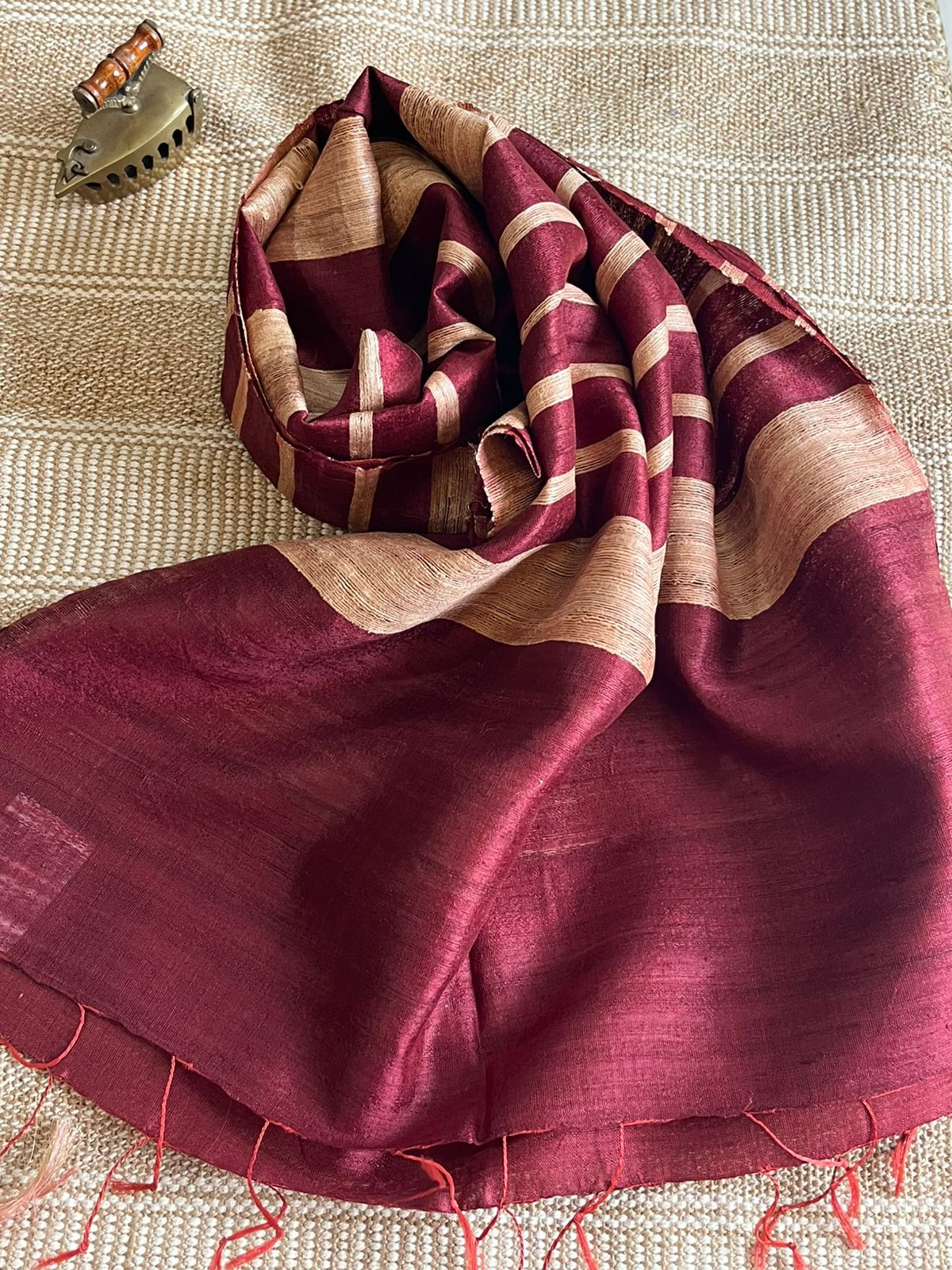 Vibrant pure Raw Silk Stole - striped - Maple Brown