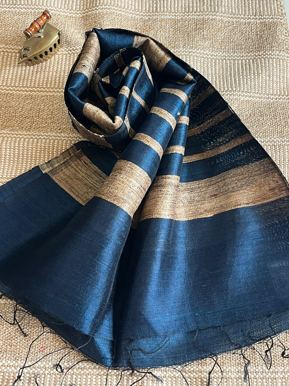 Vibrant pure Raw Silk Stole - striped - Midnight Blue